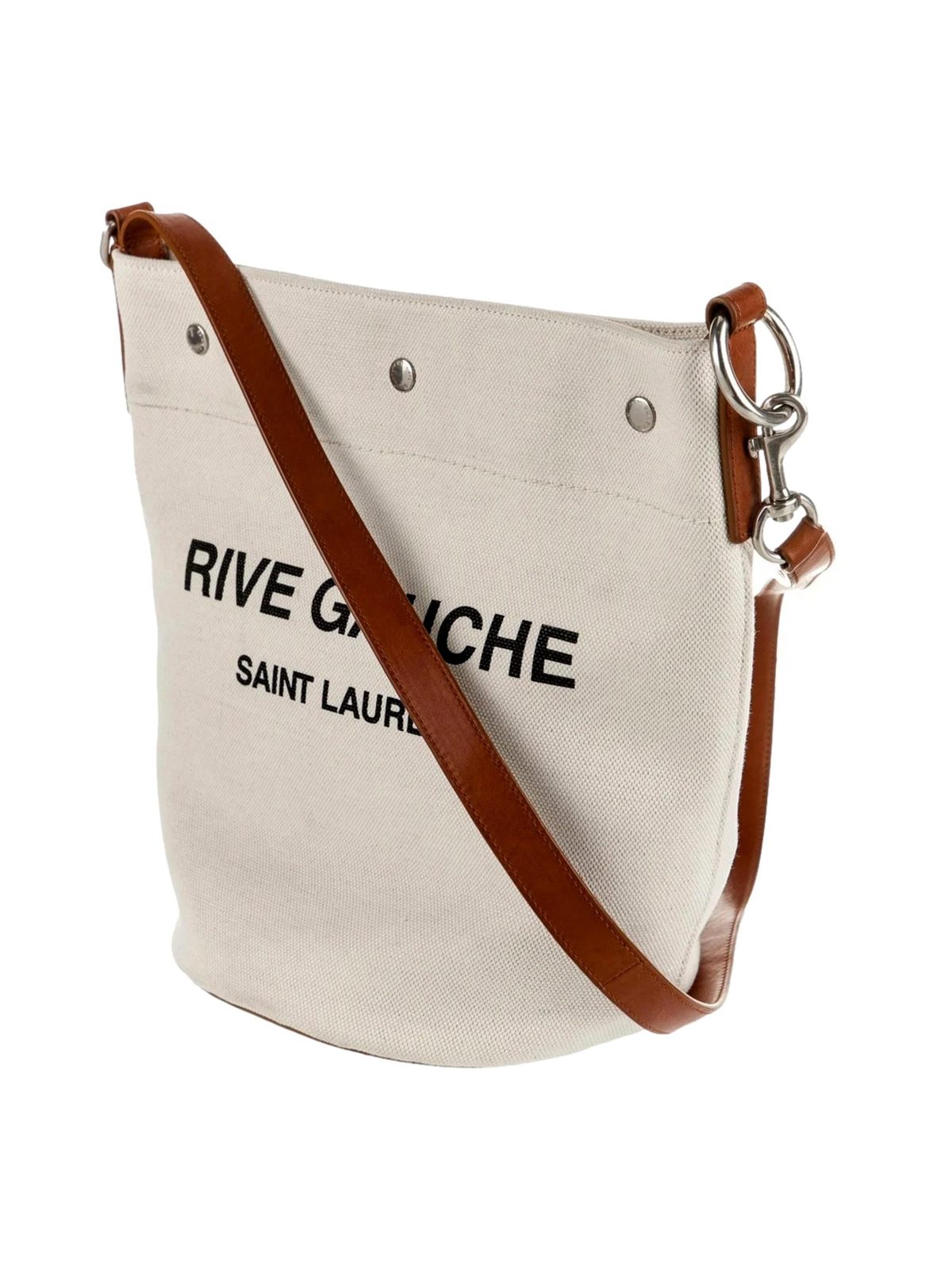 Saint Laurent Rive Gauche Brown Leather Trim Linen Bucket Bag