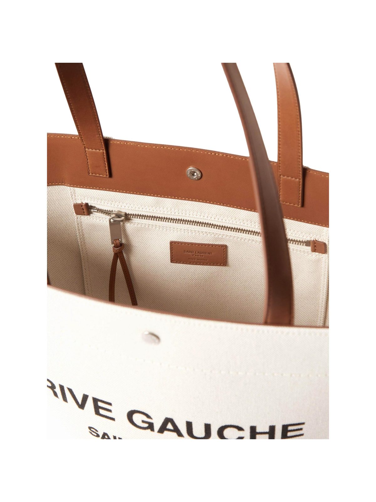 Saint Laurent Rive Gauche Brown Leather Trim Linen Bucket Bag