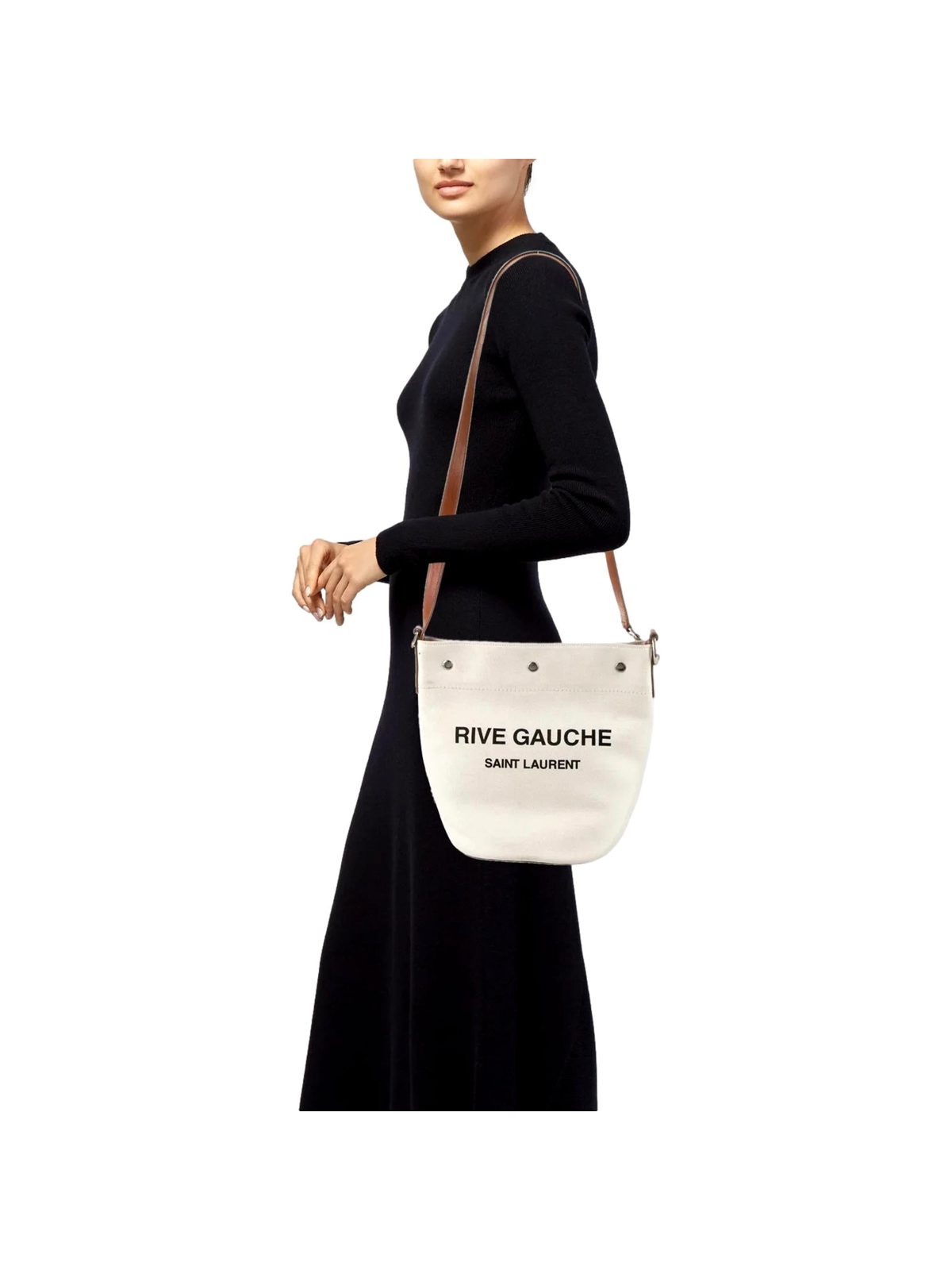 Saint Laurent Rive Gauche Brown Leather Trim Linen Bucket Bag