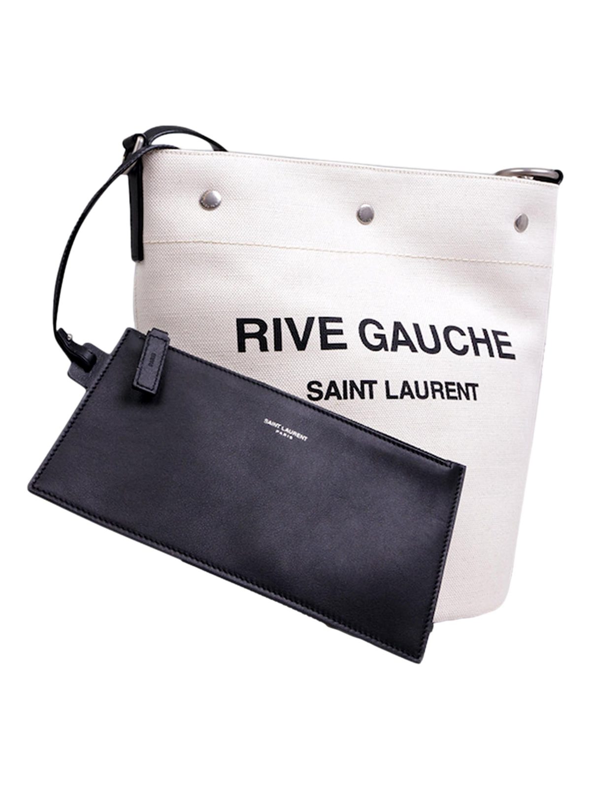 Saint Laurent Rive Gauche Linen Bucket Bag with Black Leather Trim