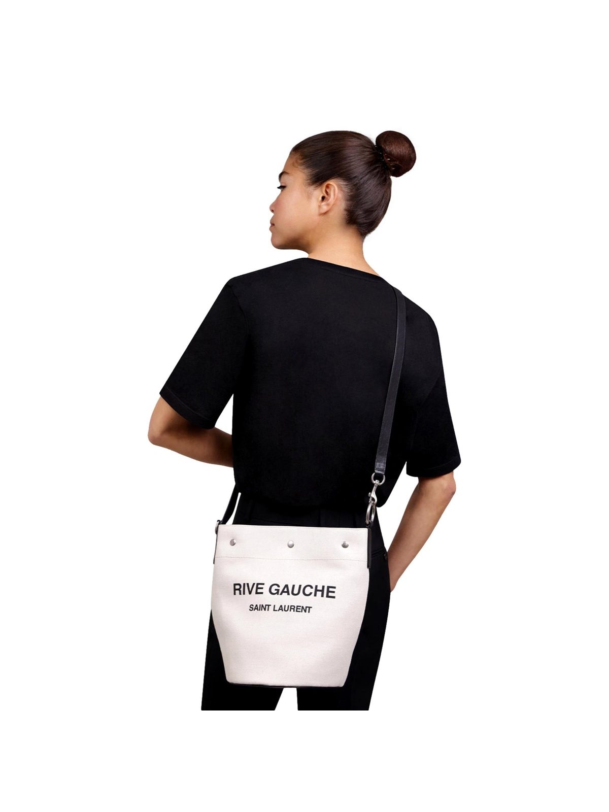Saint Laurent Rive Gauche Linen Bucket Bag with Black Leather Trim