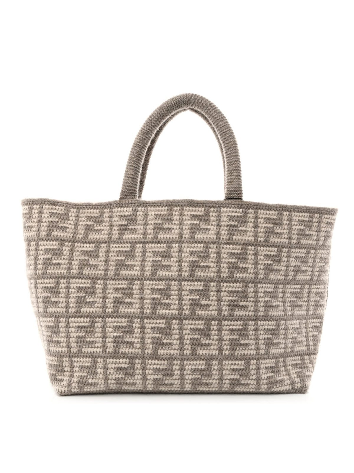 Fendi FF Tortora Gray Knitted Cashmere Wool Large Shopper Tote Bag