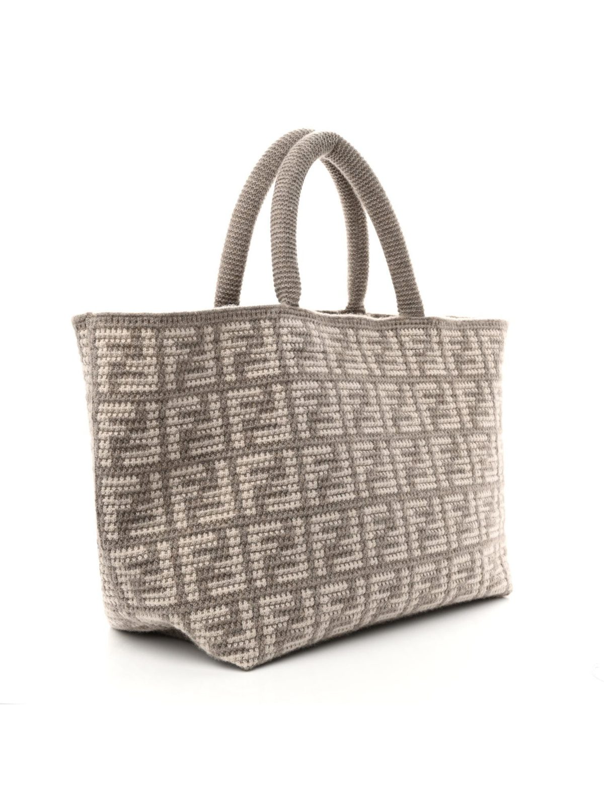 Fendi FF Tortora Gray Knitted Cashmere Wool Large Shopper Tote Bag