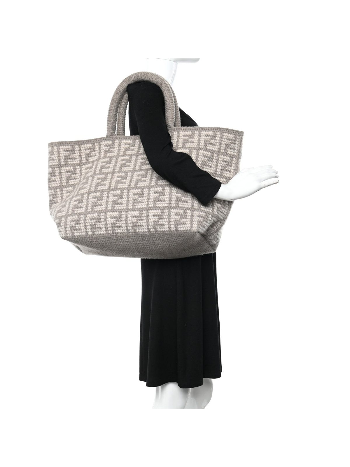 Fendi FF Tortora Gray Knitted Cashmere Wool Large Shopper Tote Bag