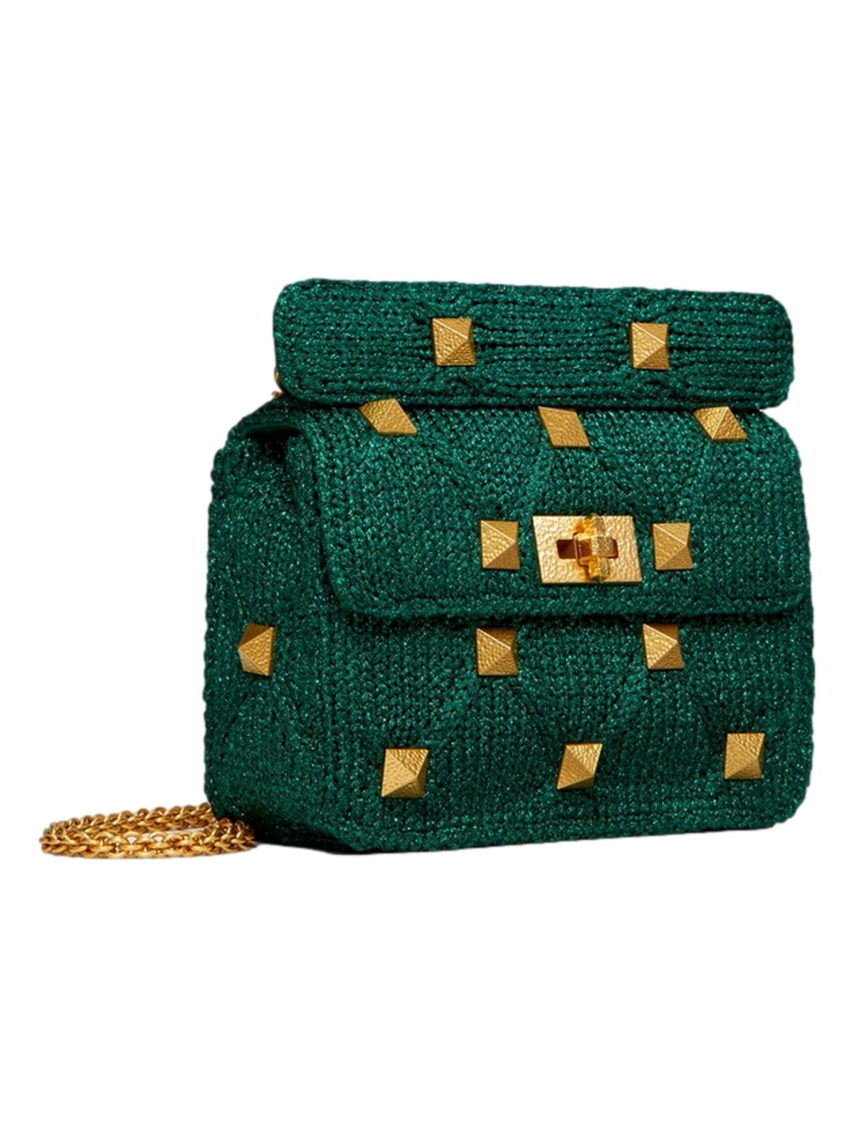 Valentino Garavani Roman Stud Medium Shoulder Bag Metallic Green Lurex