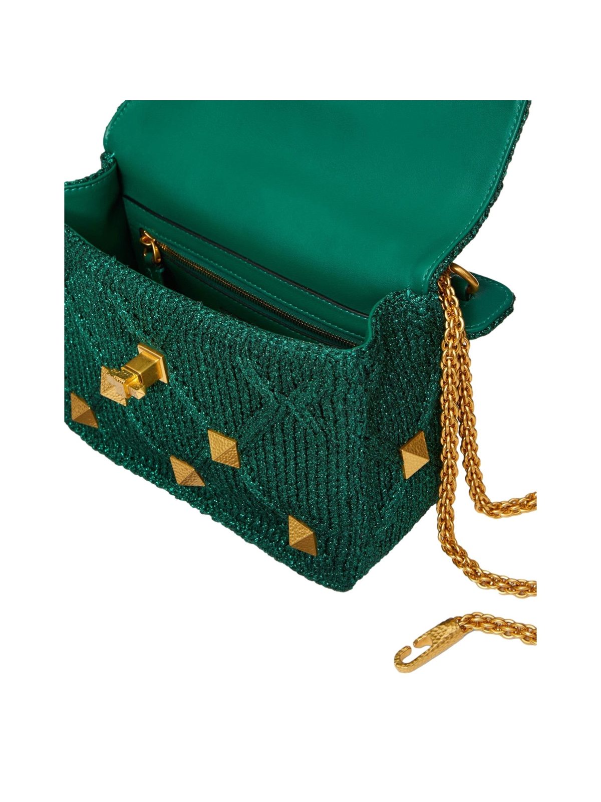 Valentino Garavani Roman Stud Medium Shoulder Bag Metallic Green Lurex