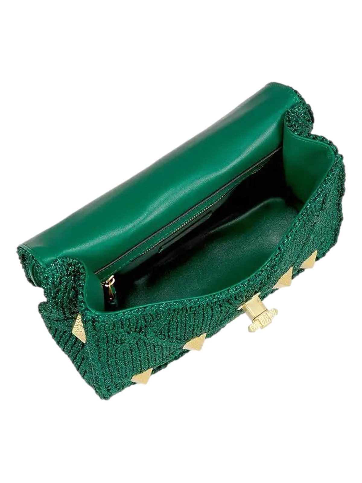 Valentino Garavani Roman Stud Medium Shoulder Bag Metallic Green Lurex