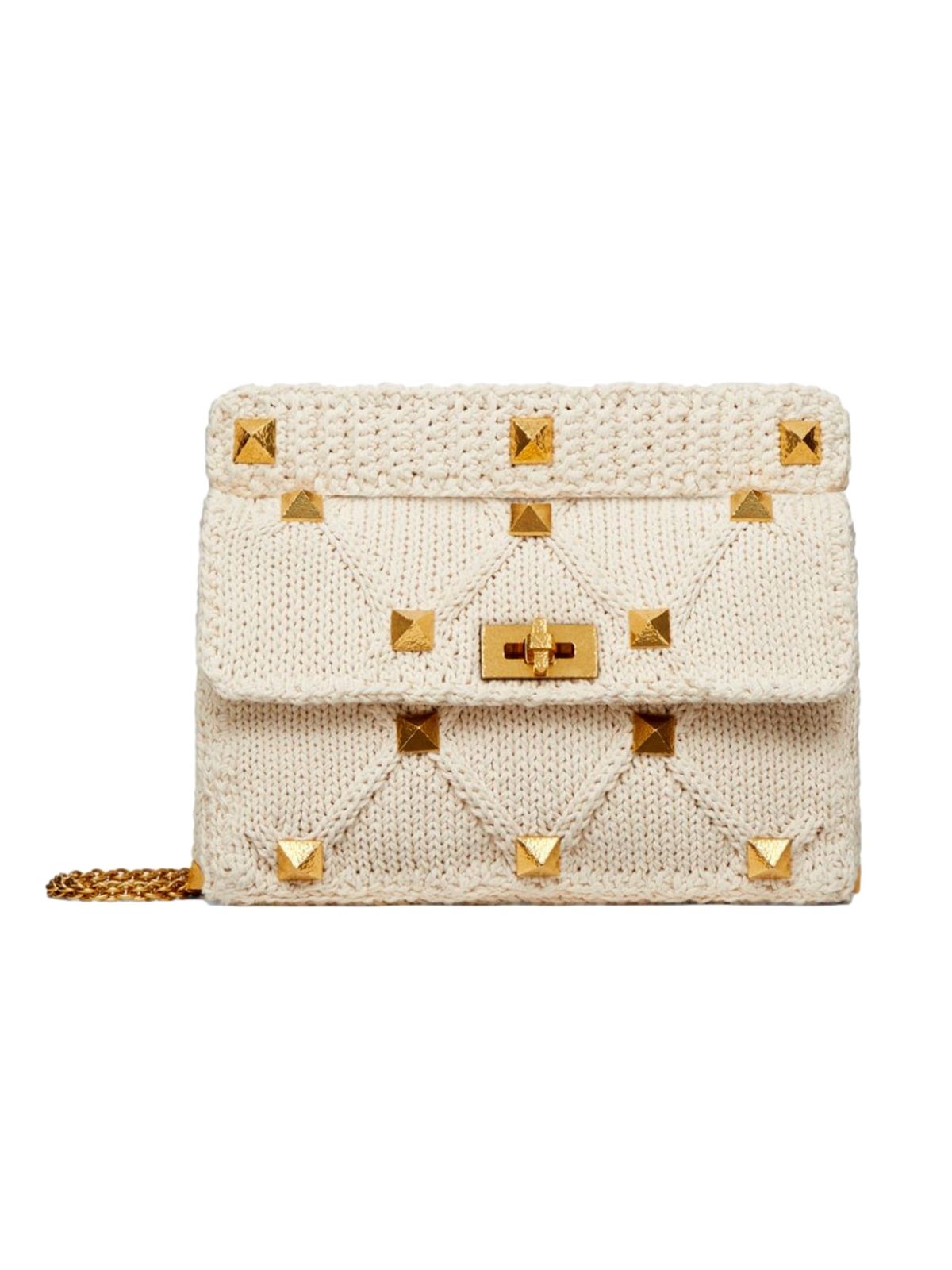 Valentino Garavani Roman Stud Large Shoulder Bag Ivory Knit Cashmere