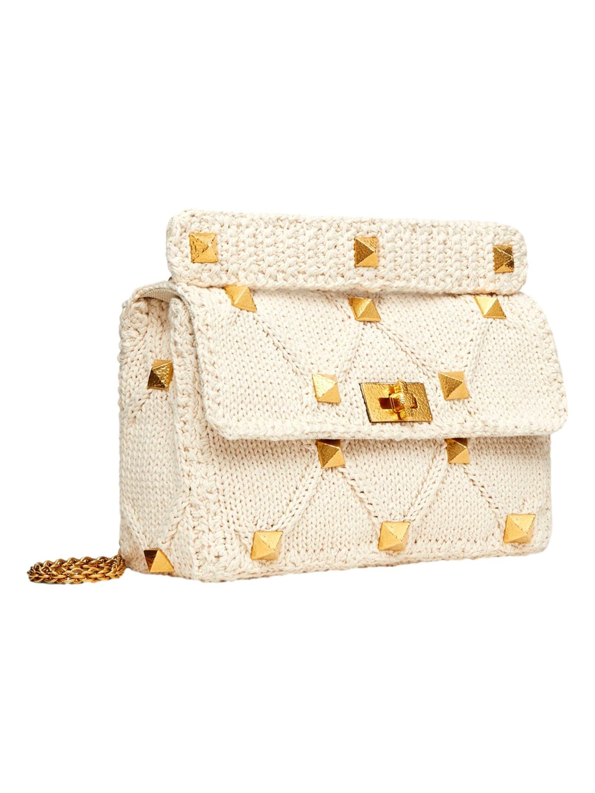 Valentino Garavani Roman Stud Large Shoulder Bag Ivory Knit Cashmere