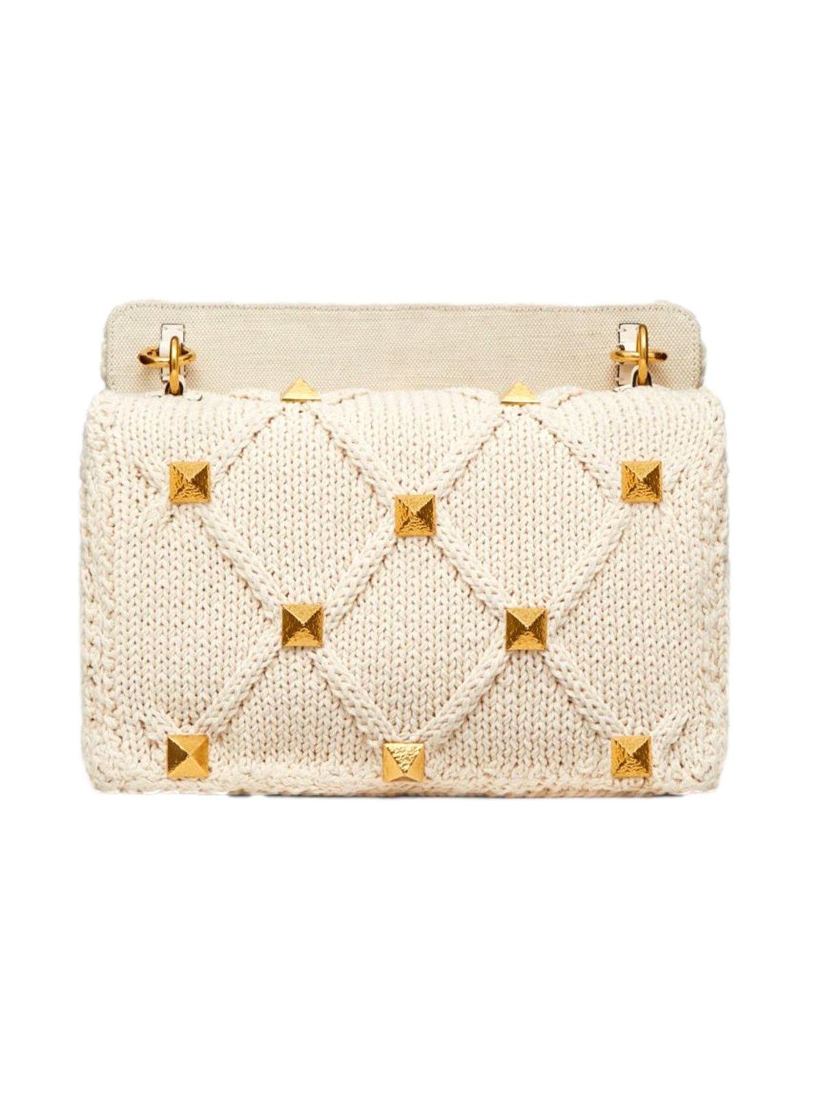 Valentino Garavani Roman Stud Large Shoulder Bag Ivory Knit Cashmere