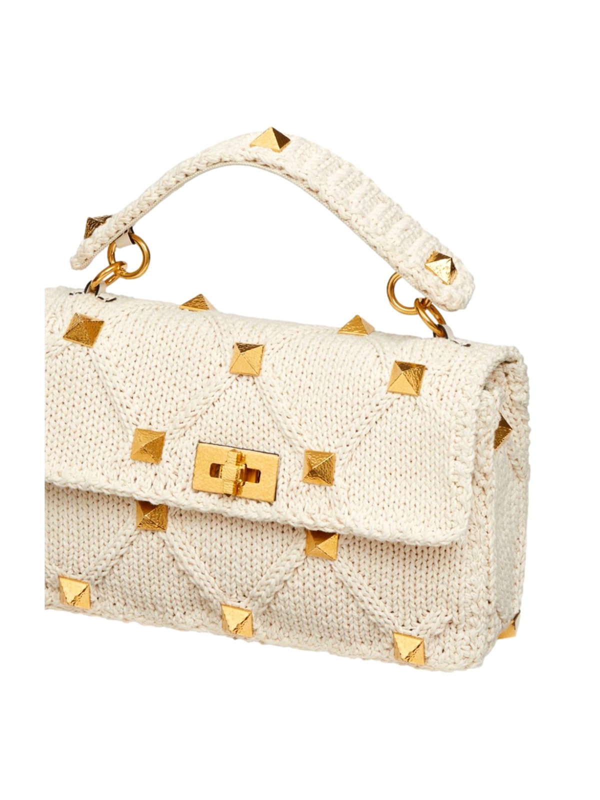 Valentino Garavani Roman Stud Large Shoulder Bag Ivory Knit Cashmere