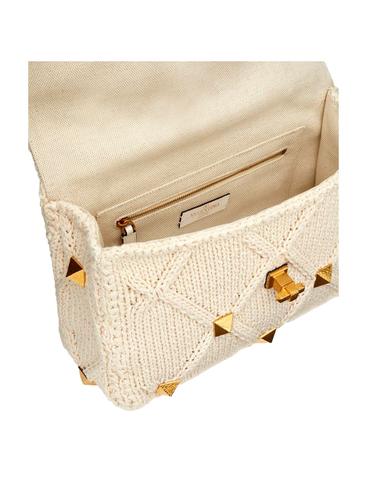 Valentino Garavani Roman Stud Large Shoulder Bag Ivory Knit Cashmere