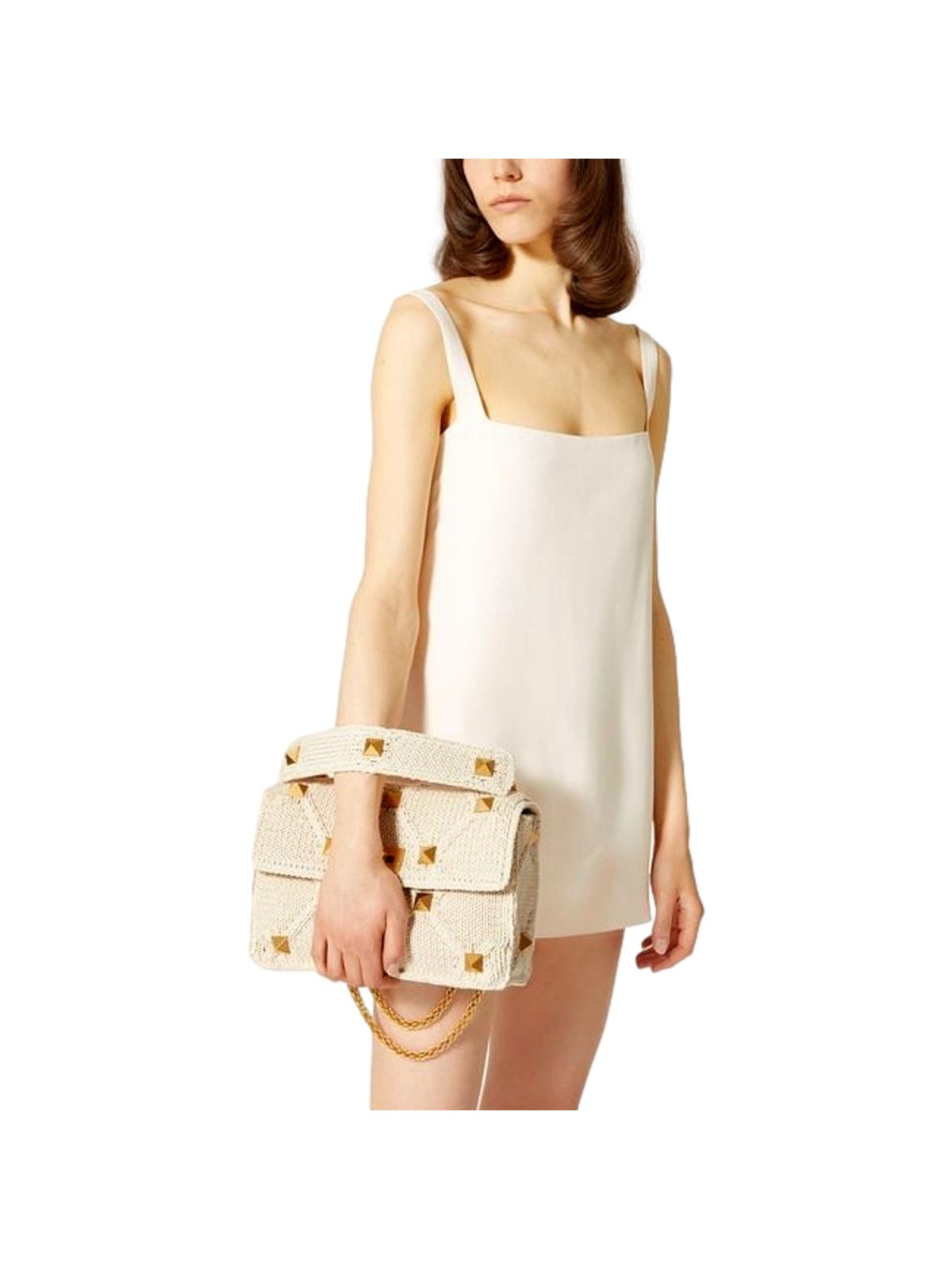 Valentino Garavani Roman Stud Large Shoulder Bag Ivory Knit Cashmere