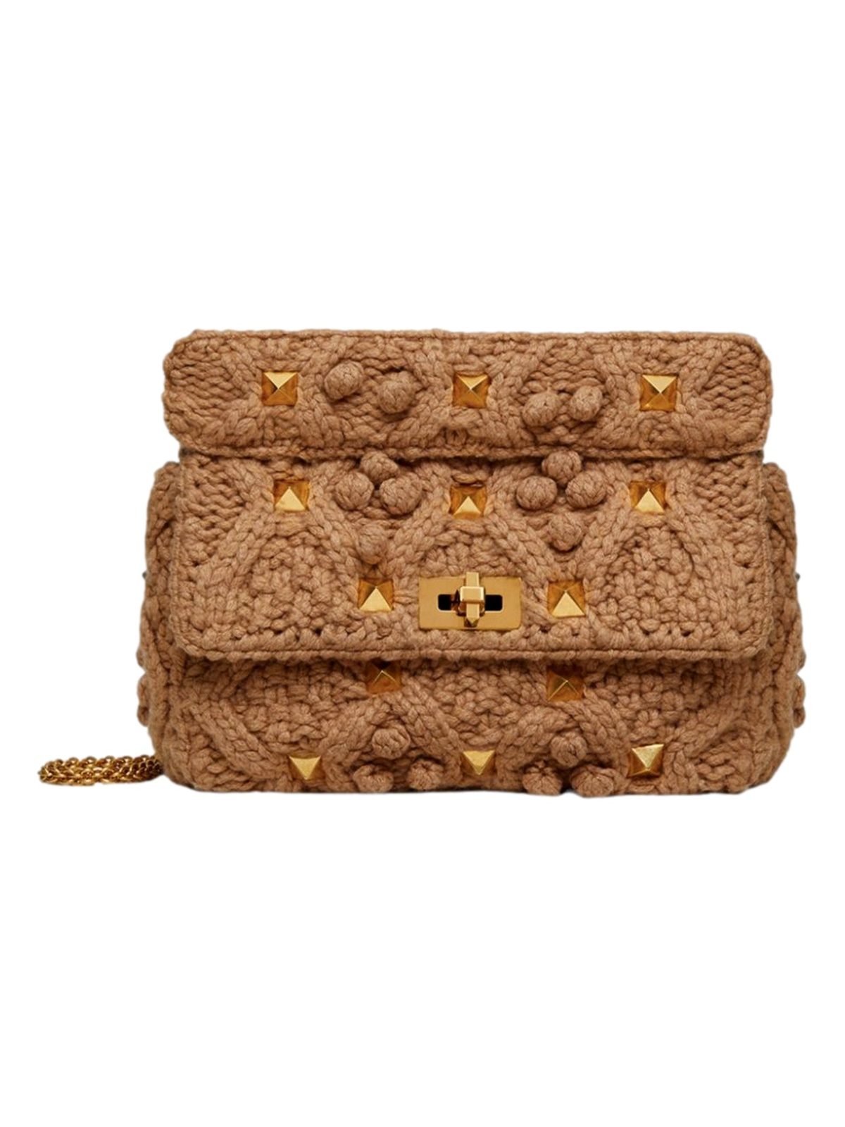 Valentino Garavani Roman Stud Large Shoulder Bag Brown Cashmere Knit Gold Hardware