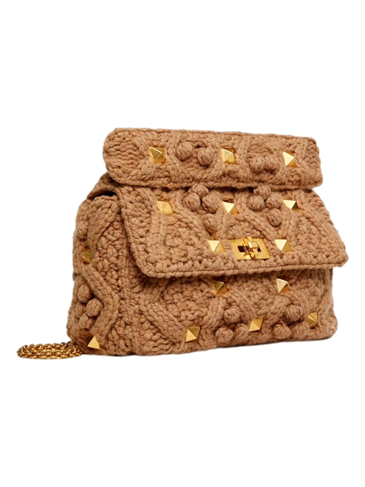 Valentino Garavani Roman Stud Large Shoulder Bag Brown Cashmere Knit Gold Hardware