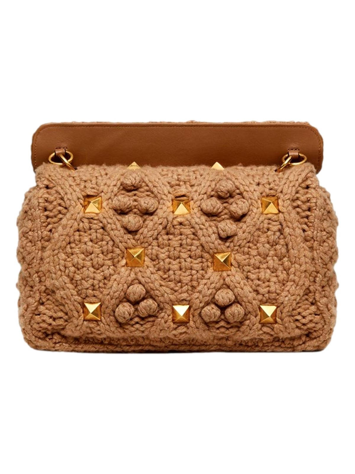 Valentino Garavani Roman Stud Large Shoulder Bag Brown Cashmere Knit Gold Hardware
