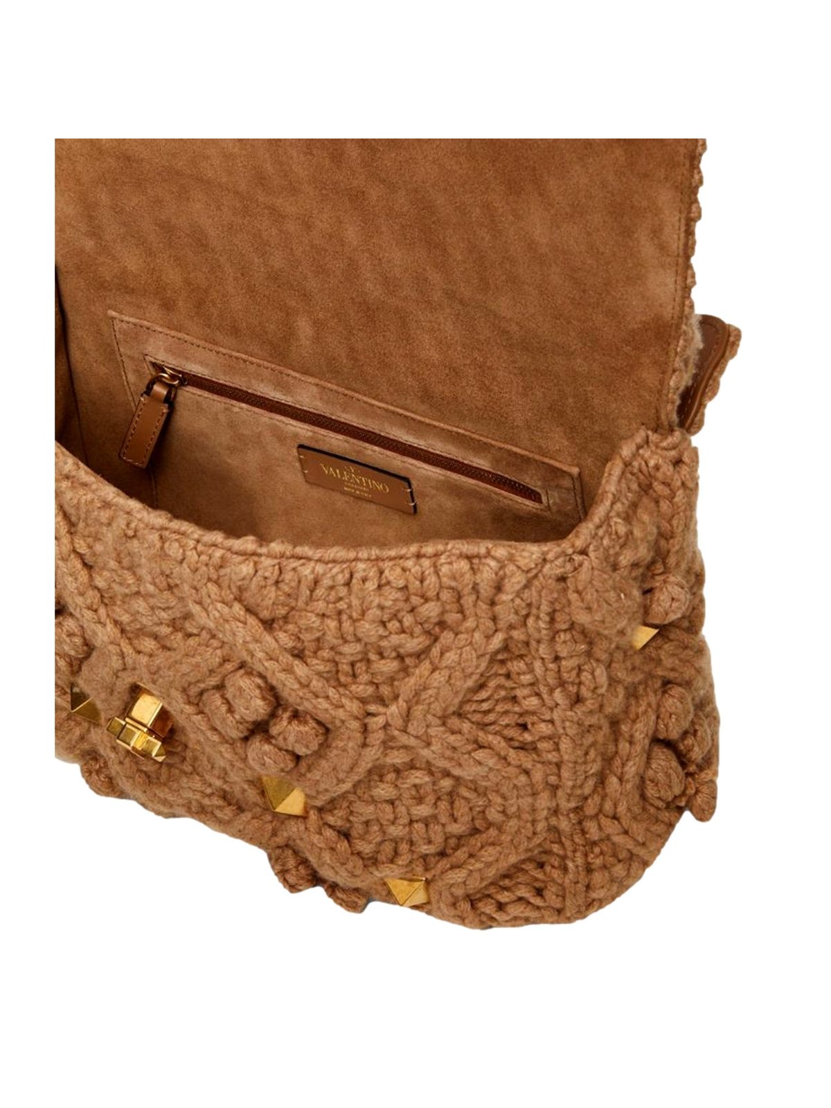 Valentino Garavani Roman Stud Large Shoulder Bag Brown Cashmere Knit Gold Hardware