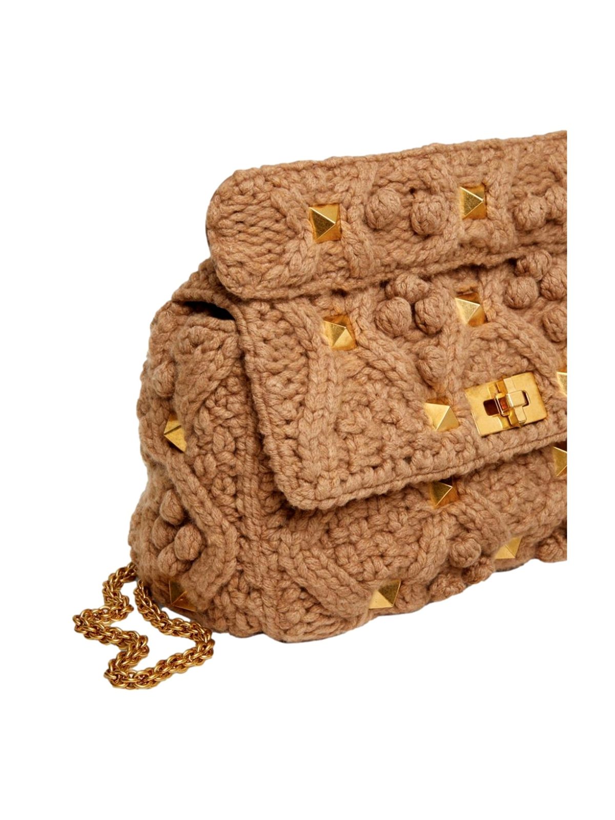 Valentino Garavani Roman Stud Large Shoulder Bag Brown Cashmere Knit Gold Hardware