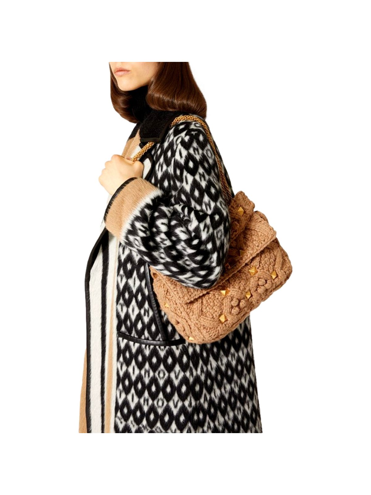 Valentino Garavani Roman Stud Large Shoulder Bag Brown Cashmere Knit Gold Hardware