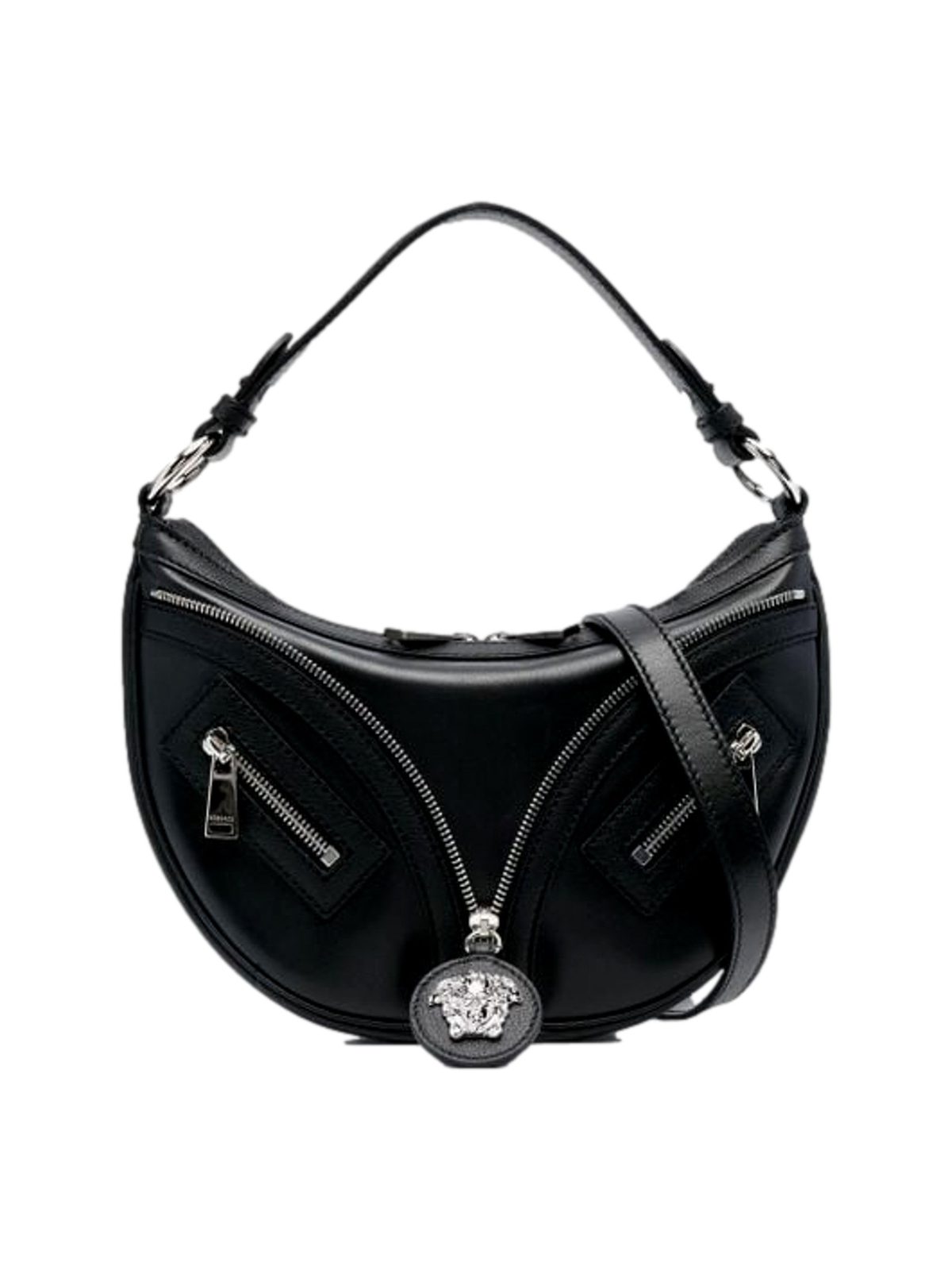 Versace La Medusa Repeat Small Hobo Shoulder Bag Black Calfskin Leather