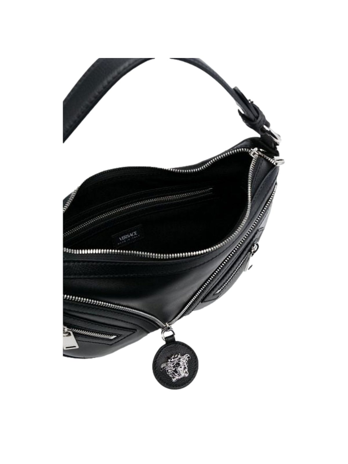 Versace La Medusa Repeat Small Hobo Shoulder Bag Black Calfskin Leather
