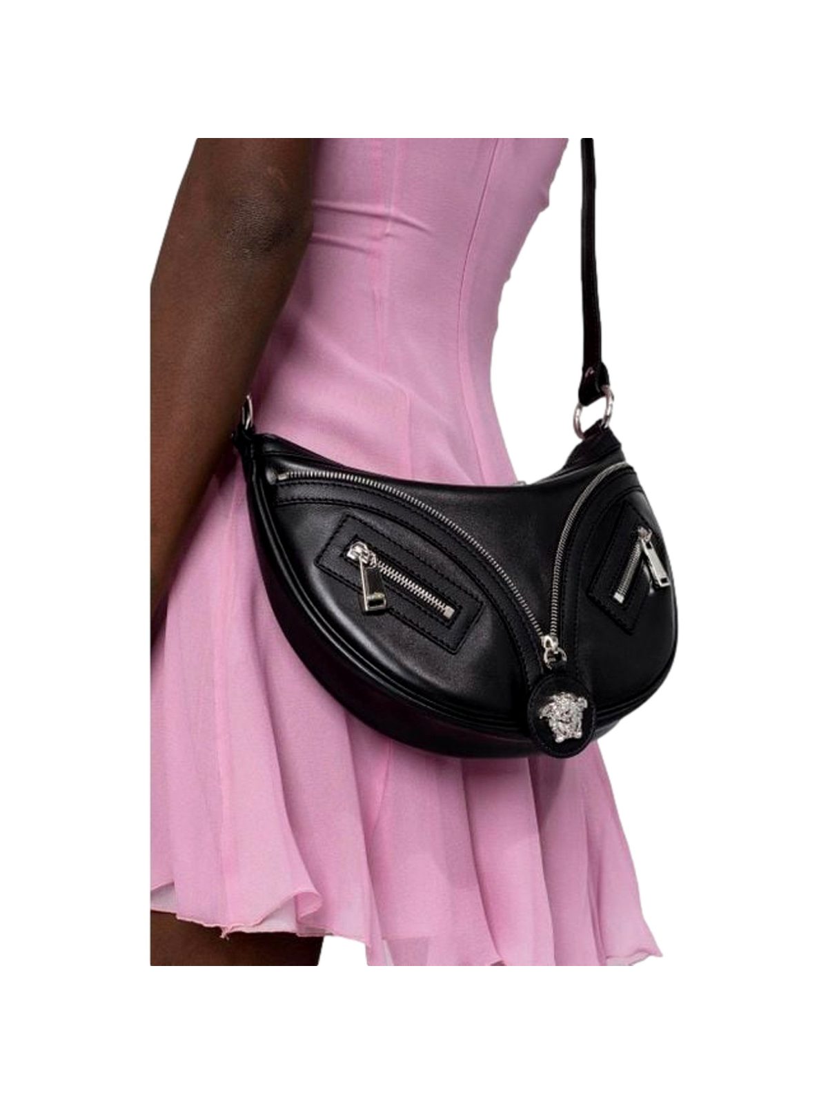 Versace La Medusa Repeat Small Hobo Shoulder Bag Black Calfskin Leather