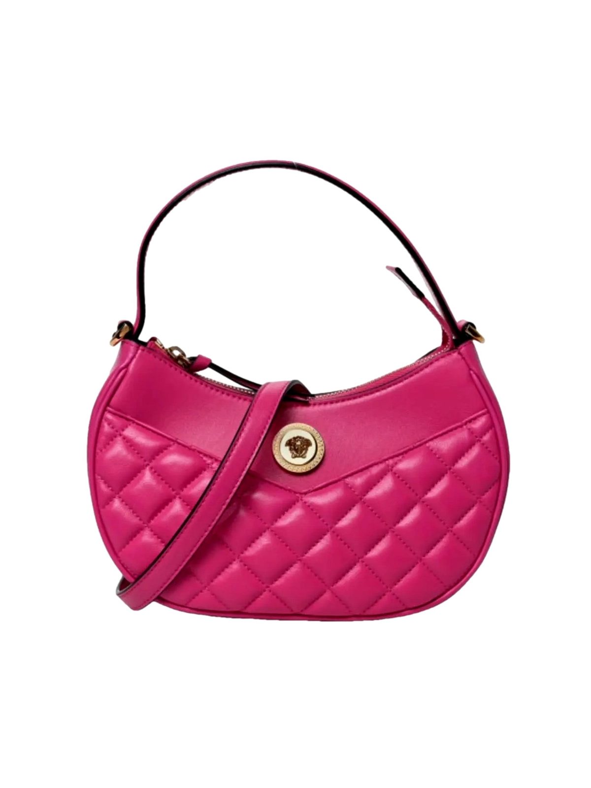 Versace La Medusa Pink Quilted Leather Half Moon Bag Gold Chain Crossbody