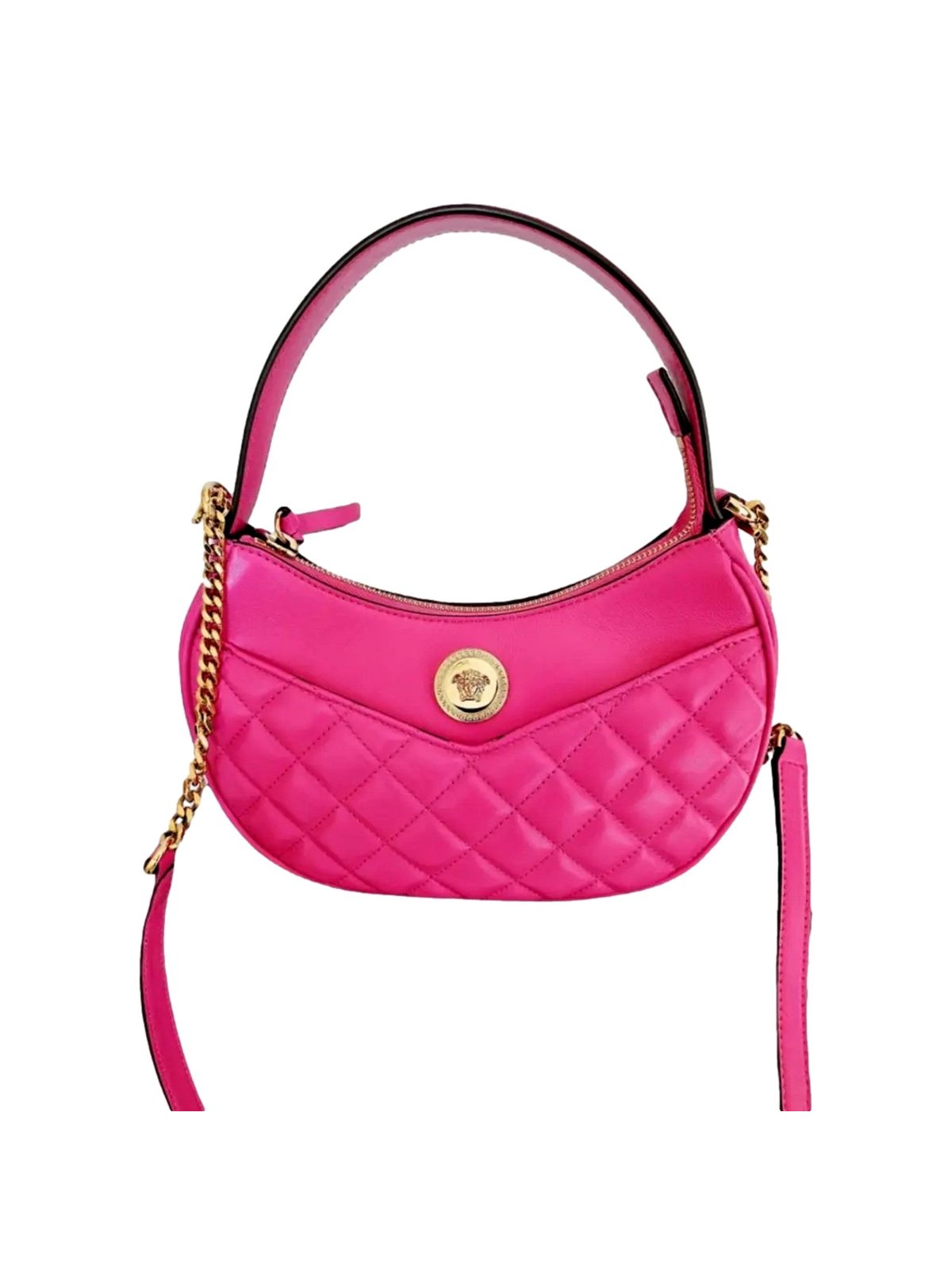 Versace La Medusa Pink Quilted Leather Half Moon Bag Gold Chain Crossbody