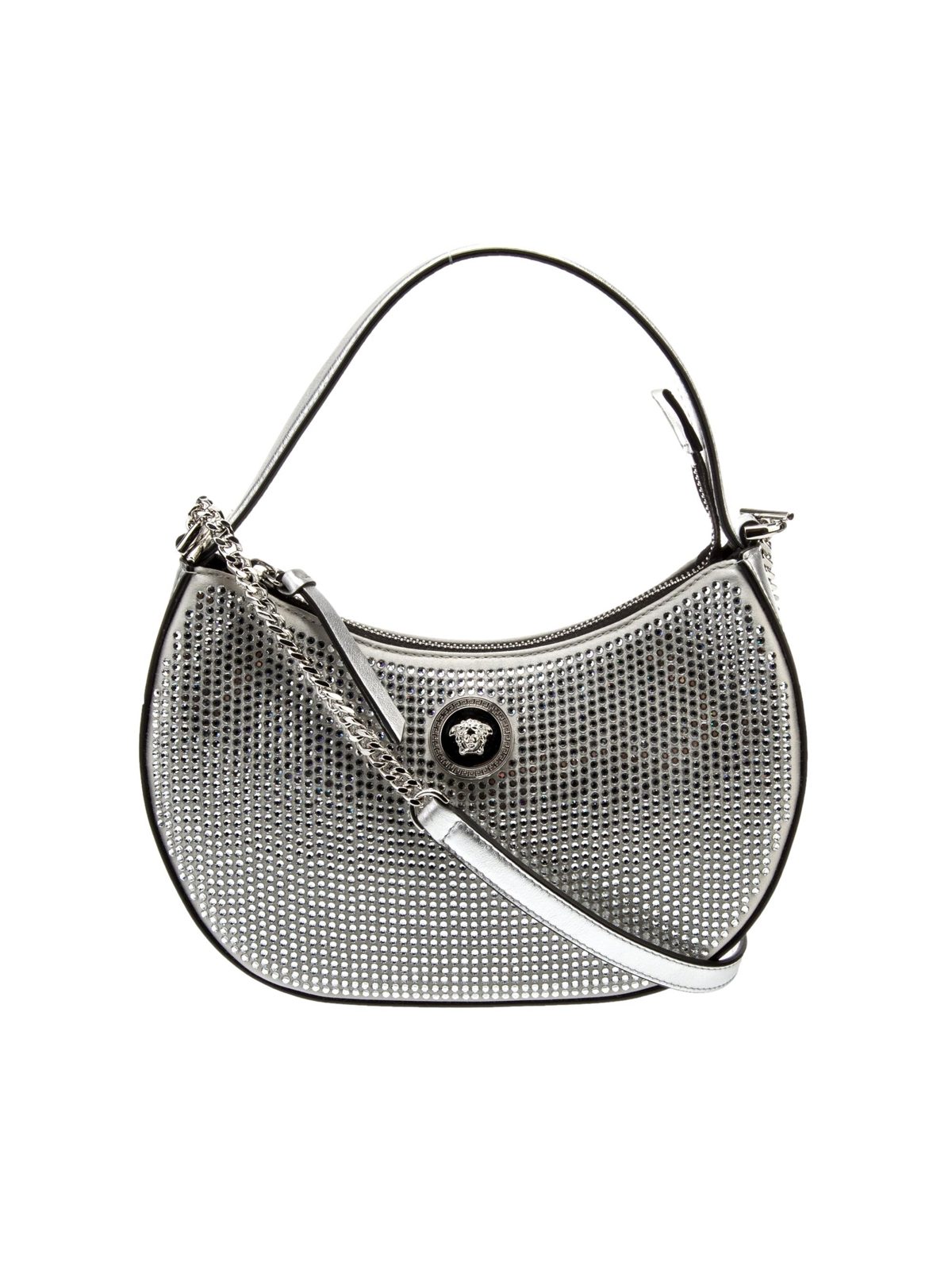 Versace La Medusa Crystal Half Moon Hobo Shoulder Crossbody Bag Silver