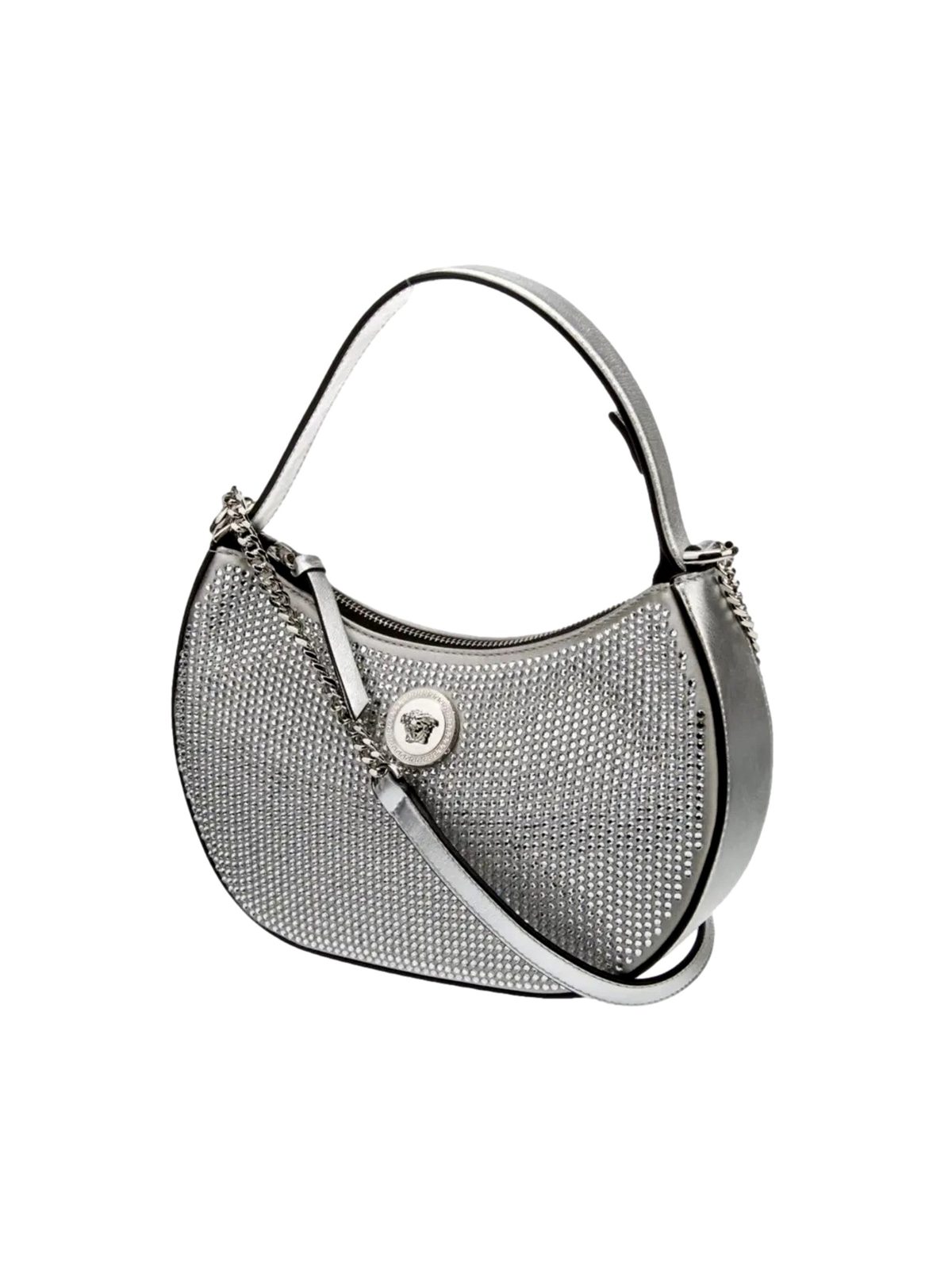 Versace La Medusa Crystal Half Moon Hobo Shoulder Crossbody Bag Silver