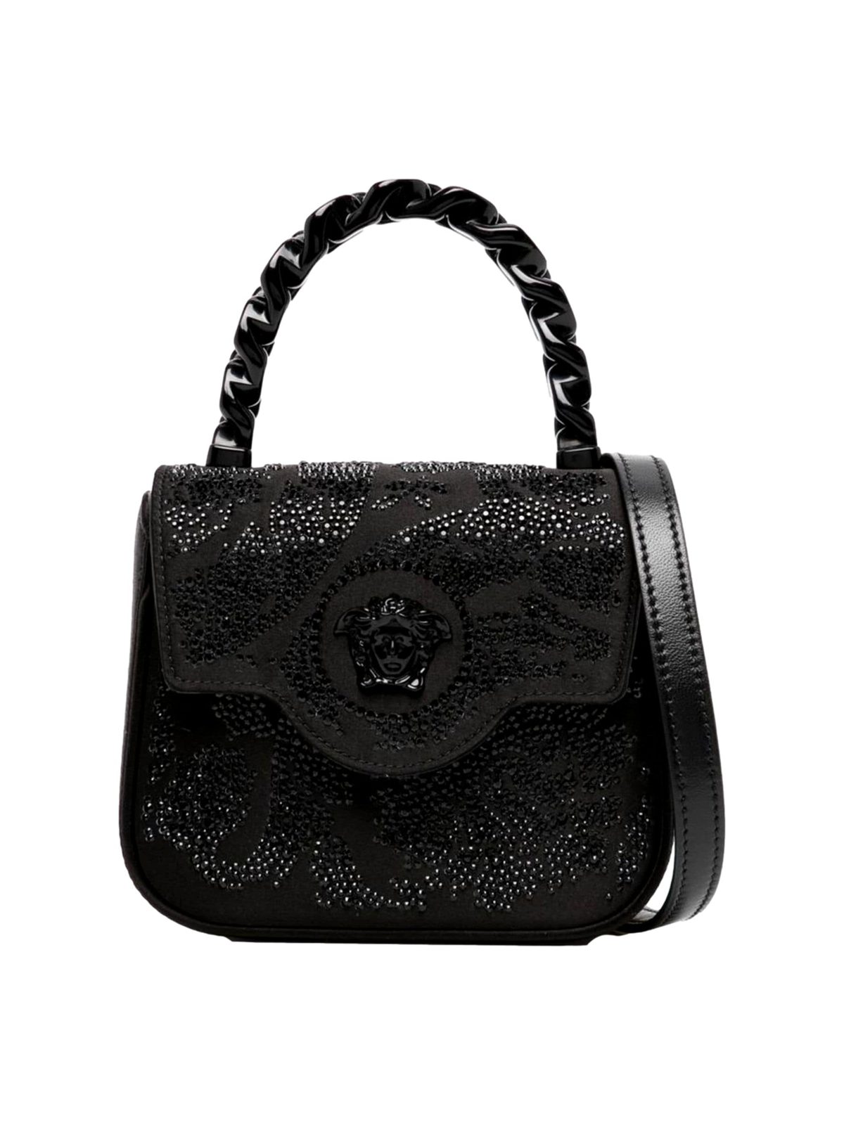 Versace La Medusa Crystal Mini Top Handle Tote Crossbody Black Silk