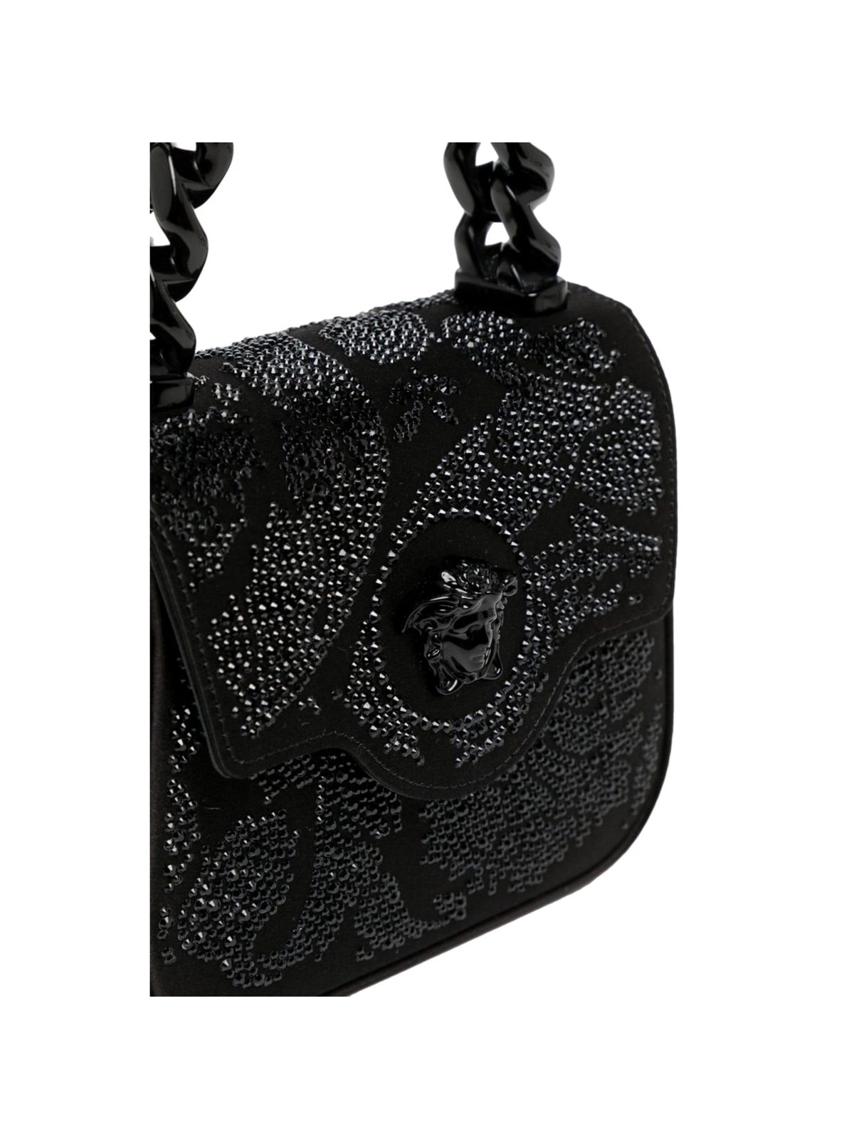 Versace La Medusa Crystal Mini Top Handle Tote Crossbody Black Silk