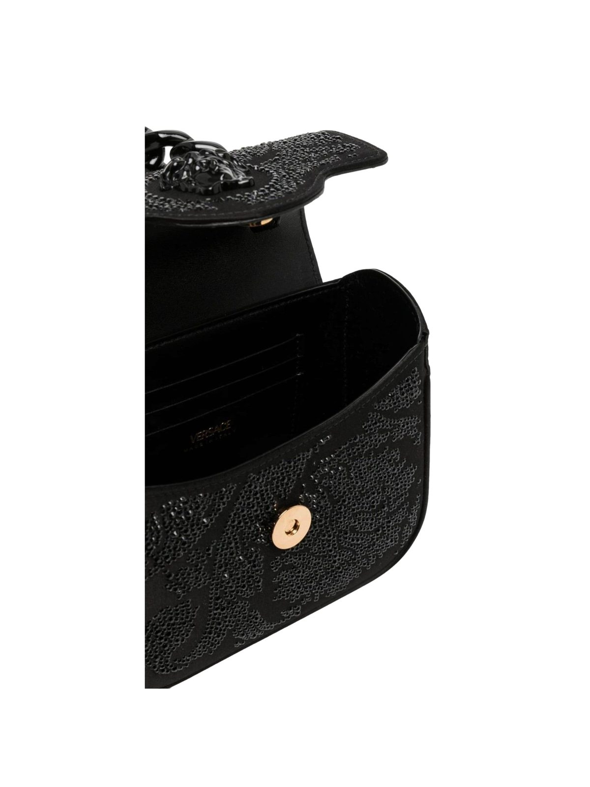 Versace La Medusa Crystal Mini Top Handle Tote Crossbody Black Silk