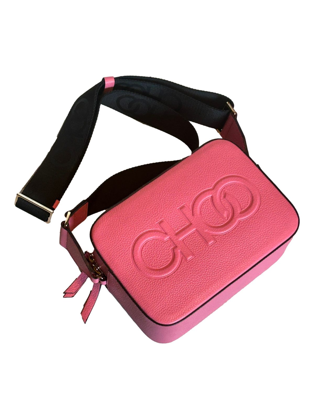 Jimmy Choo Peony Pink Leather Camera Crossbody Bag Logo Zip Gold Hardware