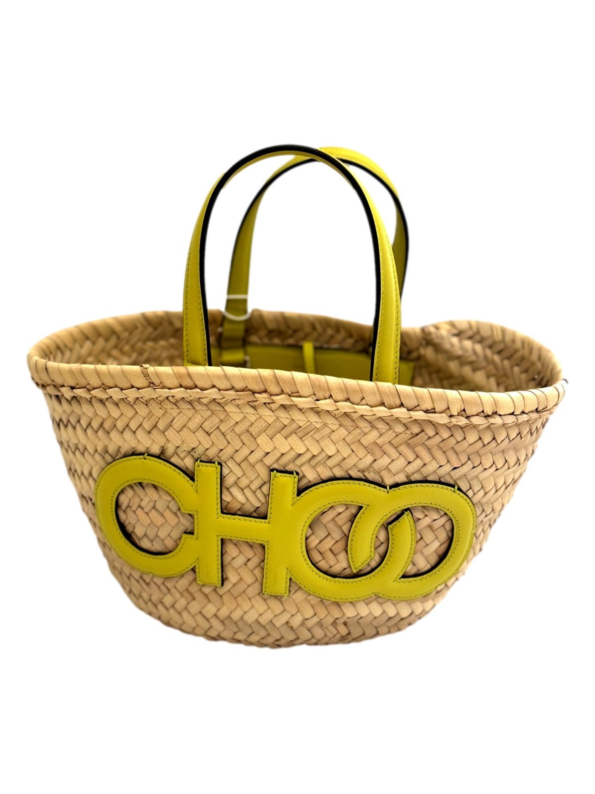 Jimmy Choo Raffia Tote Bag Citron Yellow Leather Trim Logo Crossbody Shopper