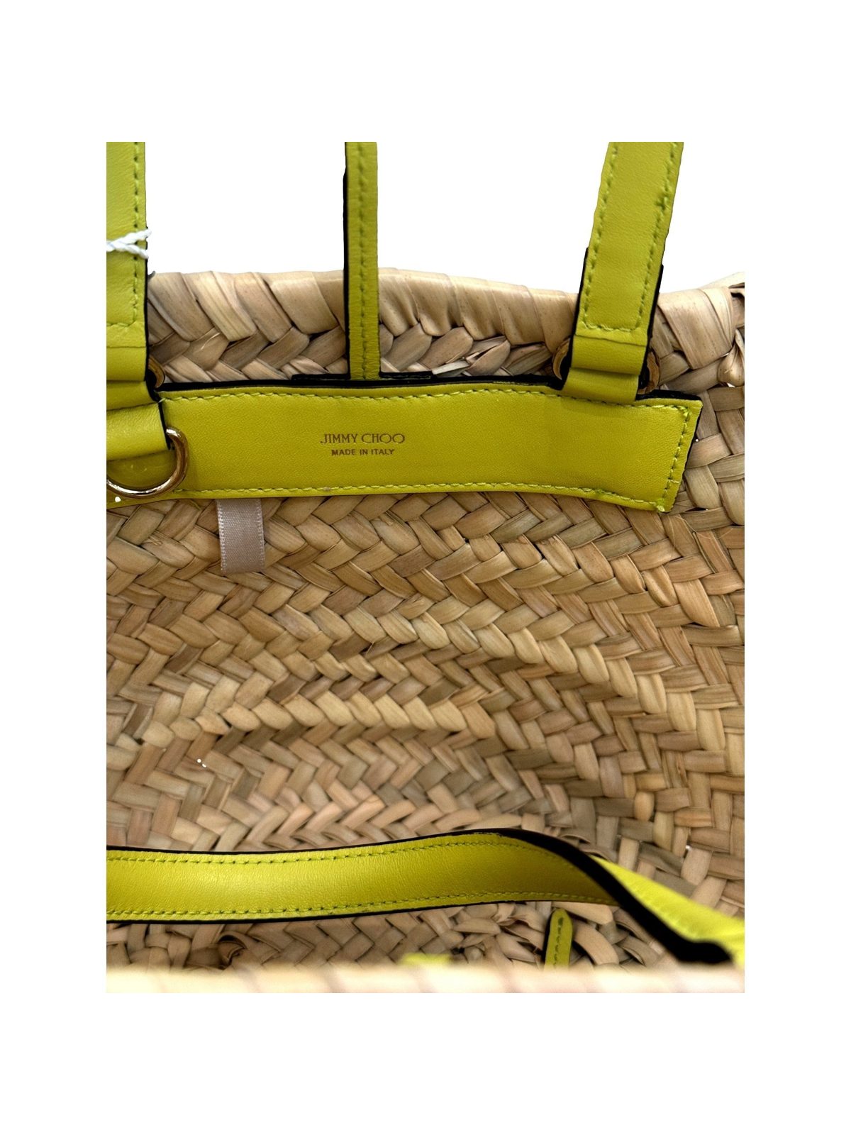 Jimmy Choo Raffia Tote Bag Citron Yellow Leather Trim Logo Crossbody Shopper