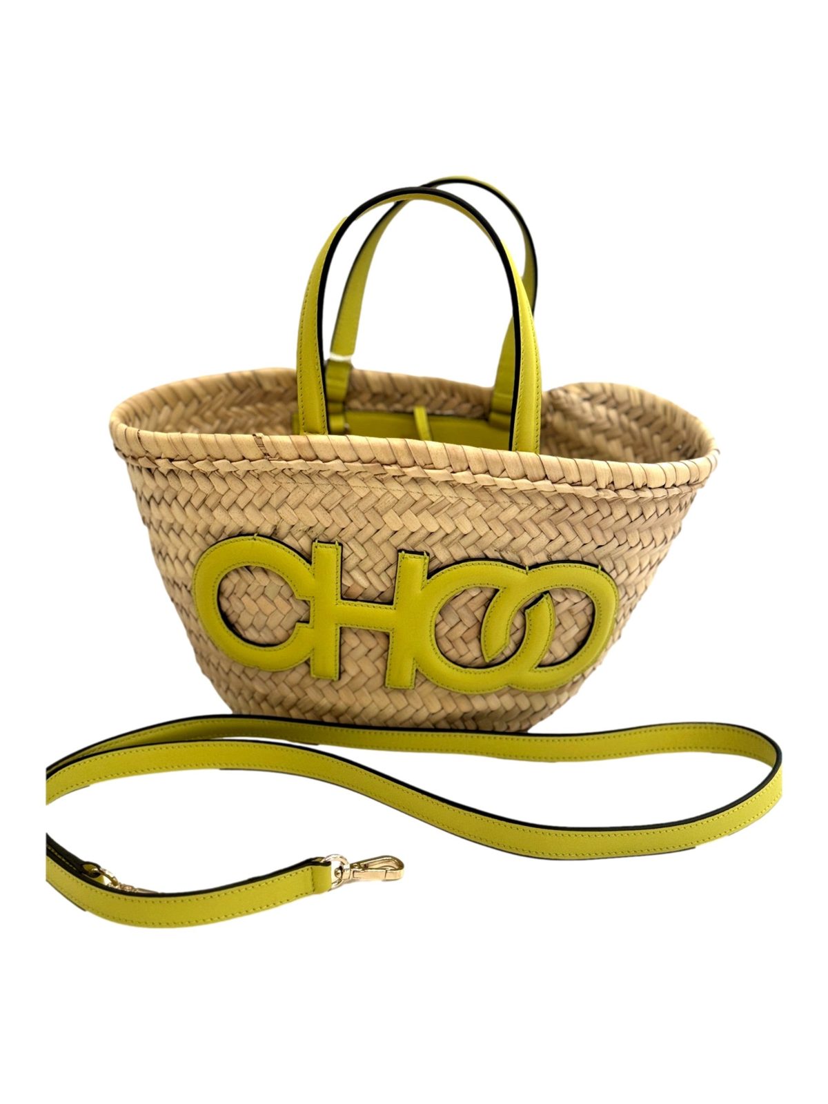 Jimmy Choo Raffia Tote Bag Citron Yellow Leather Trim Logo Crossbody Shopper