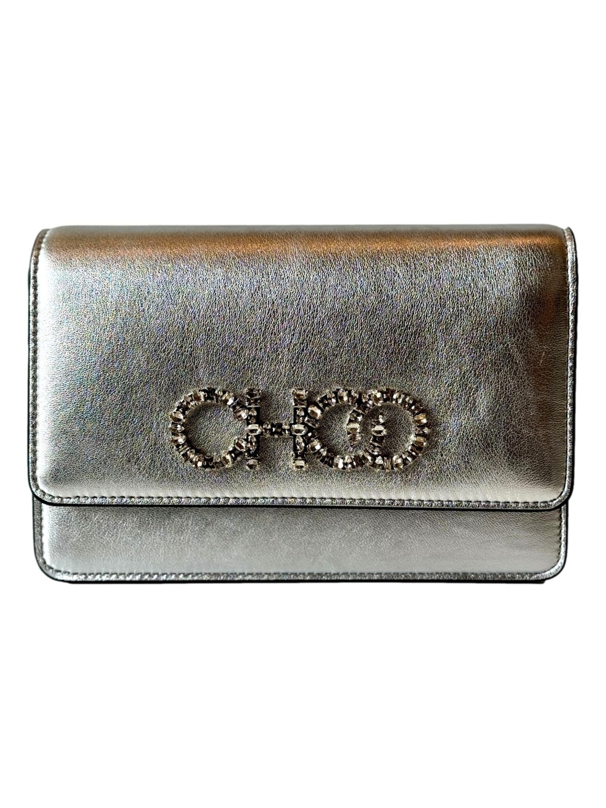 Jimmy Choo Kalina Metallic Silver Leather Crystal Logo Crossbody Clutch Bag