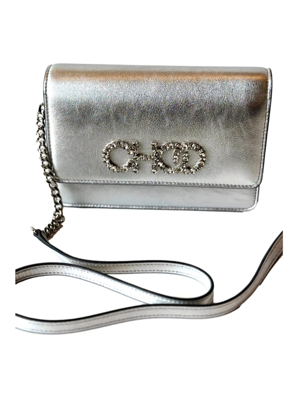 Jimmy Choo Kalina Metallic Silver Leather Crystal Logo Crossbody Clutch Bag