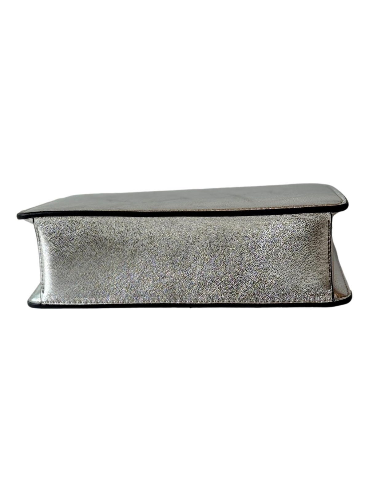 Jimmy Choo Kalina Metallic Silver Leather Crystal Logo Crossbody Clutch Bag