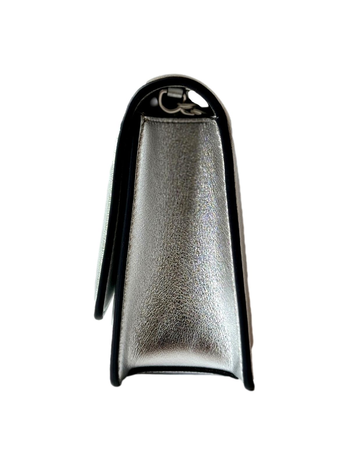 Jimmy Choo Kalina Metallic Silver Leather Crystal Logo Crossbody Clutch Bag