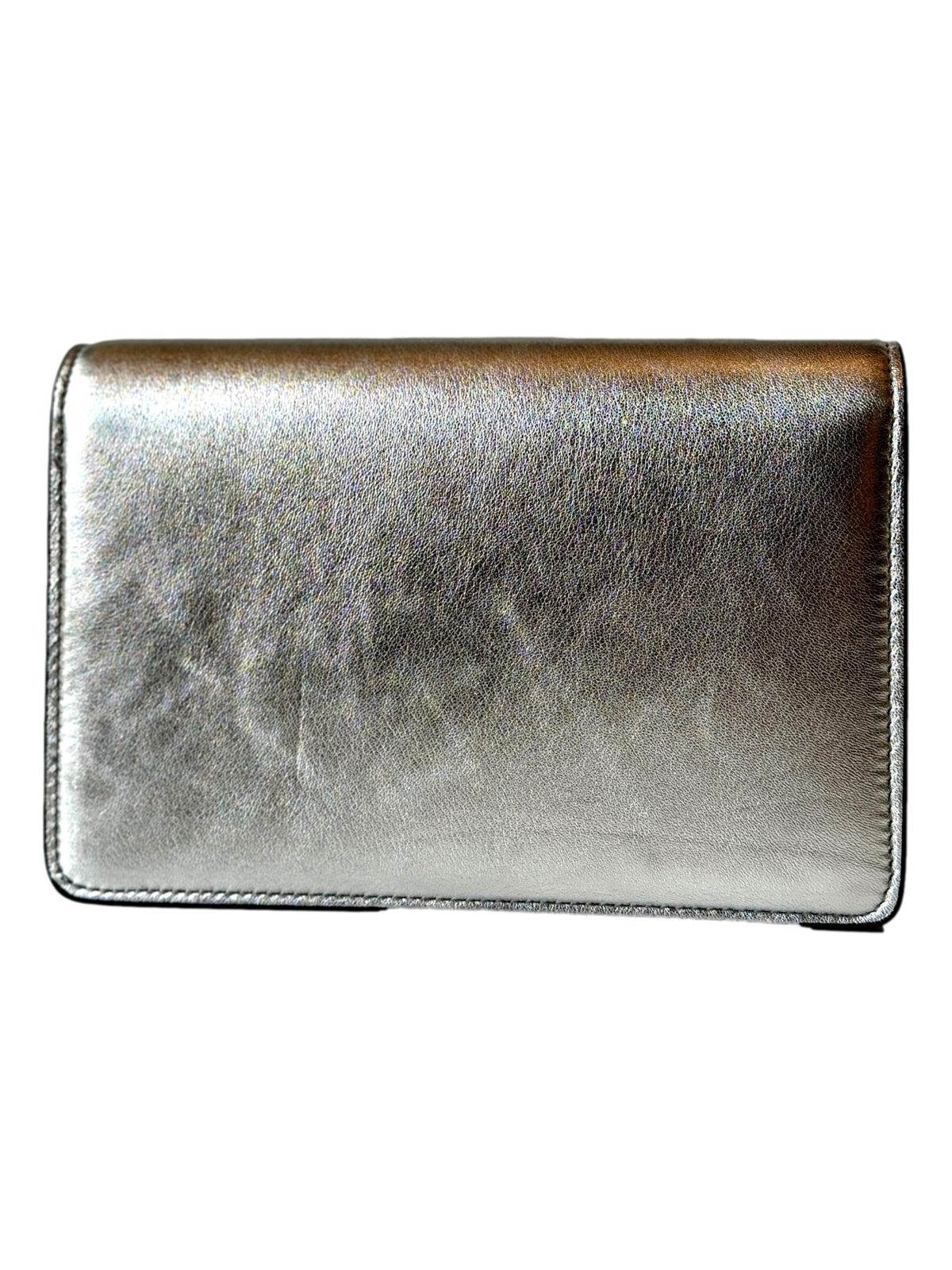Jimmy Choo Kalina Metallic Silver Leather Crystal Logo Crossbody Clutch Bag