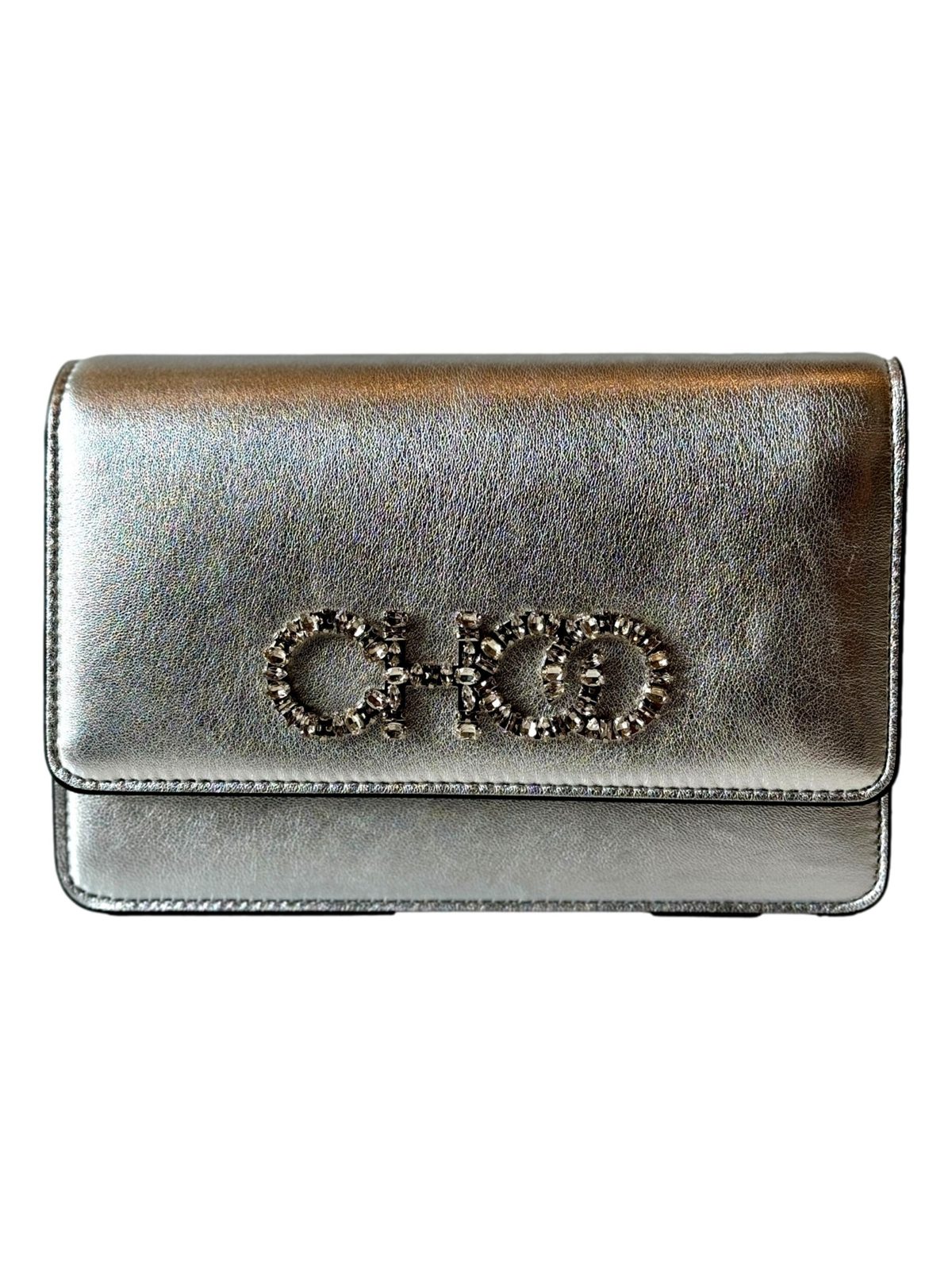 Jimmy Choo Kalina Metallic Silver Leather Crystal Logo Crossbody Clutch Bag