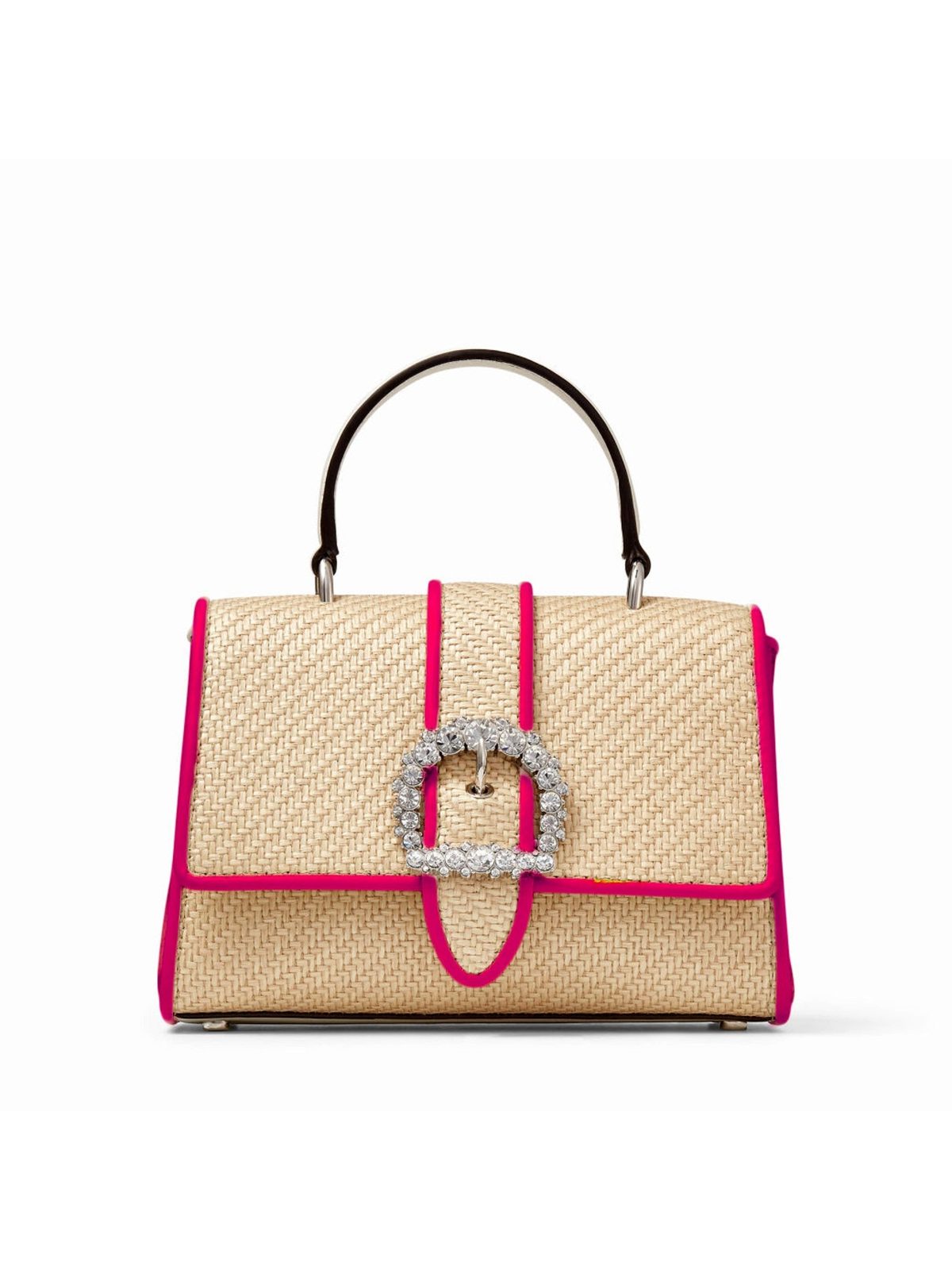 Jimmy Choo Cheri Medium Raffia Top Handle Bag Pink Crystal Buckle