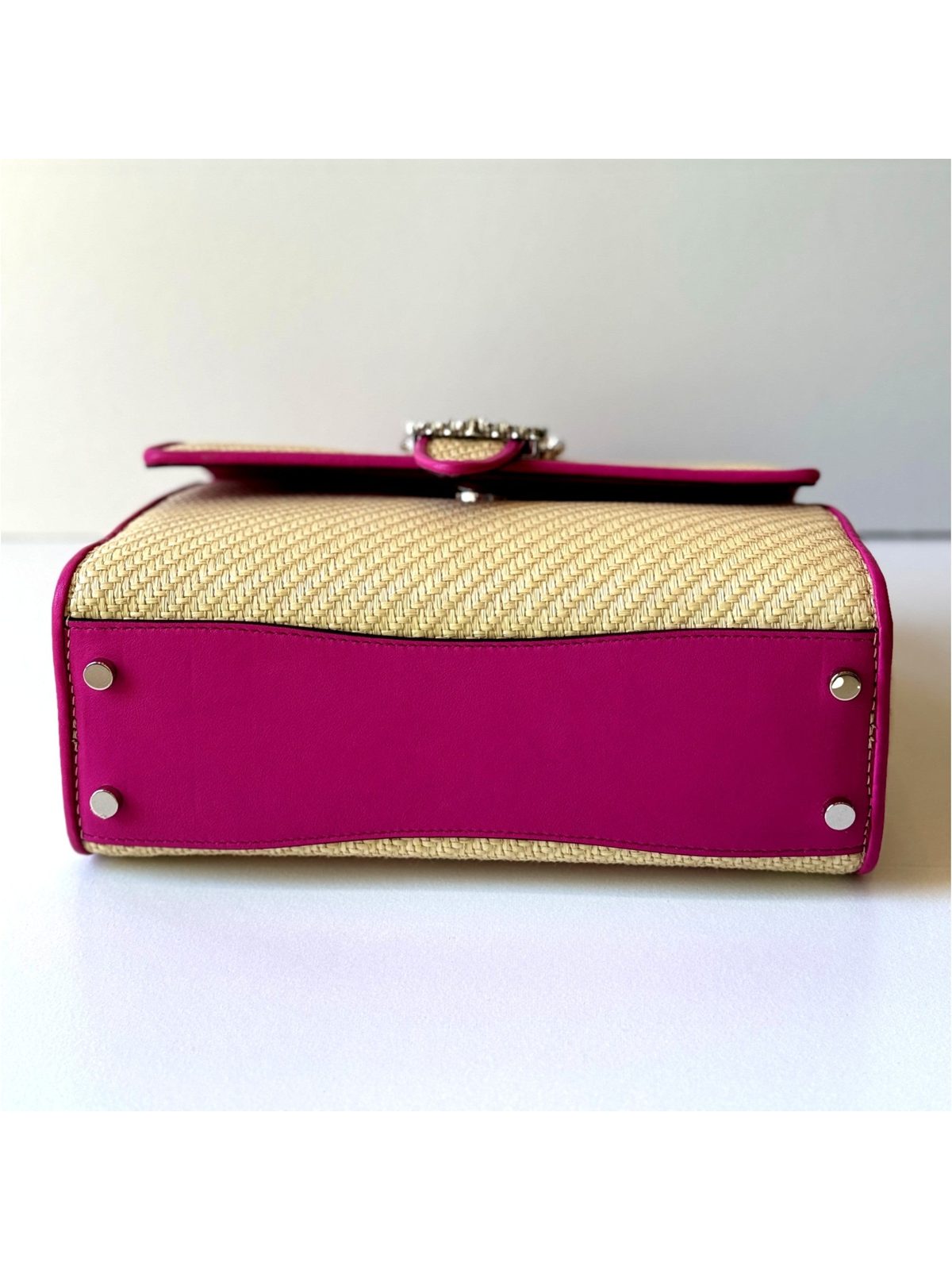 Jimmy Choo Cheri Medium Raffia Top Handle Bag Pink Crystal Buckle