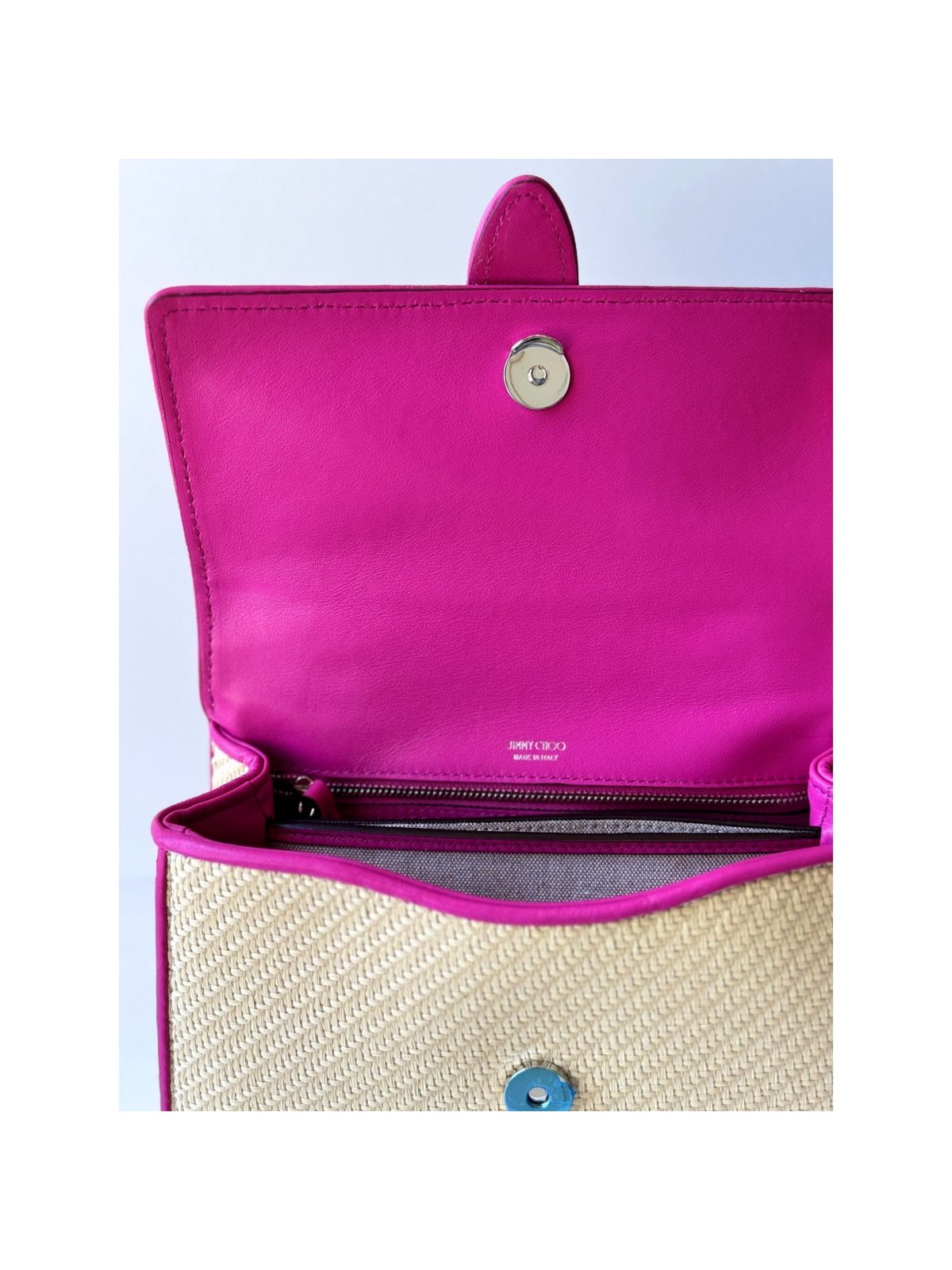 Jimmy Choo Cheri Medium Raffia Top Handle Bag Pink Crystal Buckle