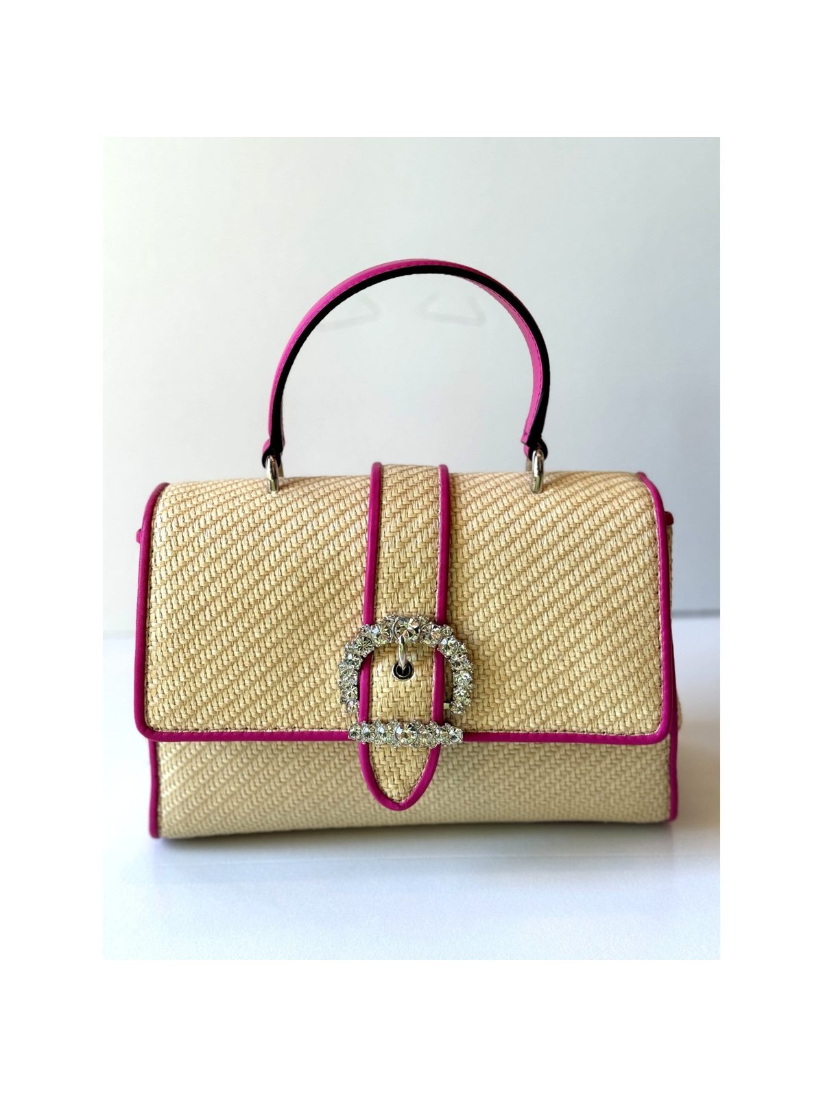 Jimmy Choo Cheri Medium Raffia Top Handle Bag Pink Crystal Buckle