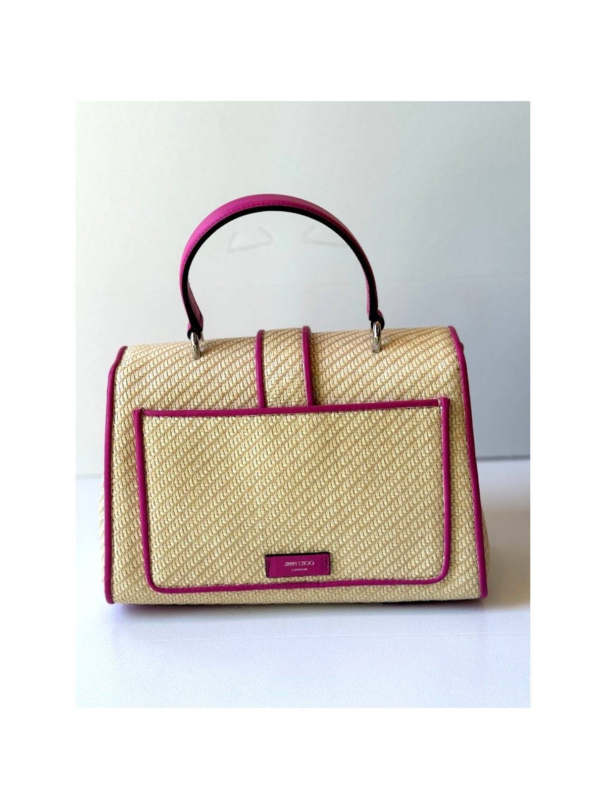 Jimmy Choo Cheri Medium Raffia Top Handle Bag Pink Crystal Buckle