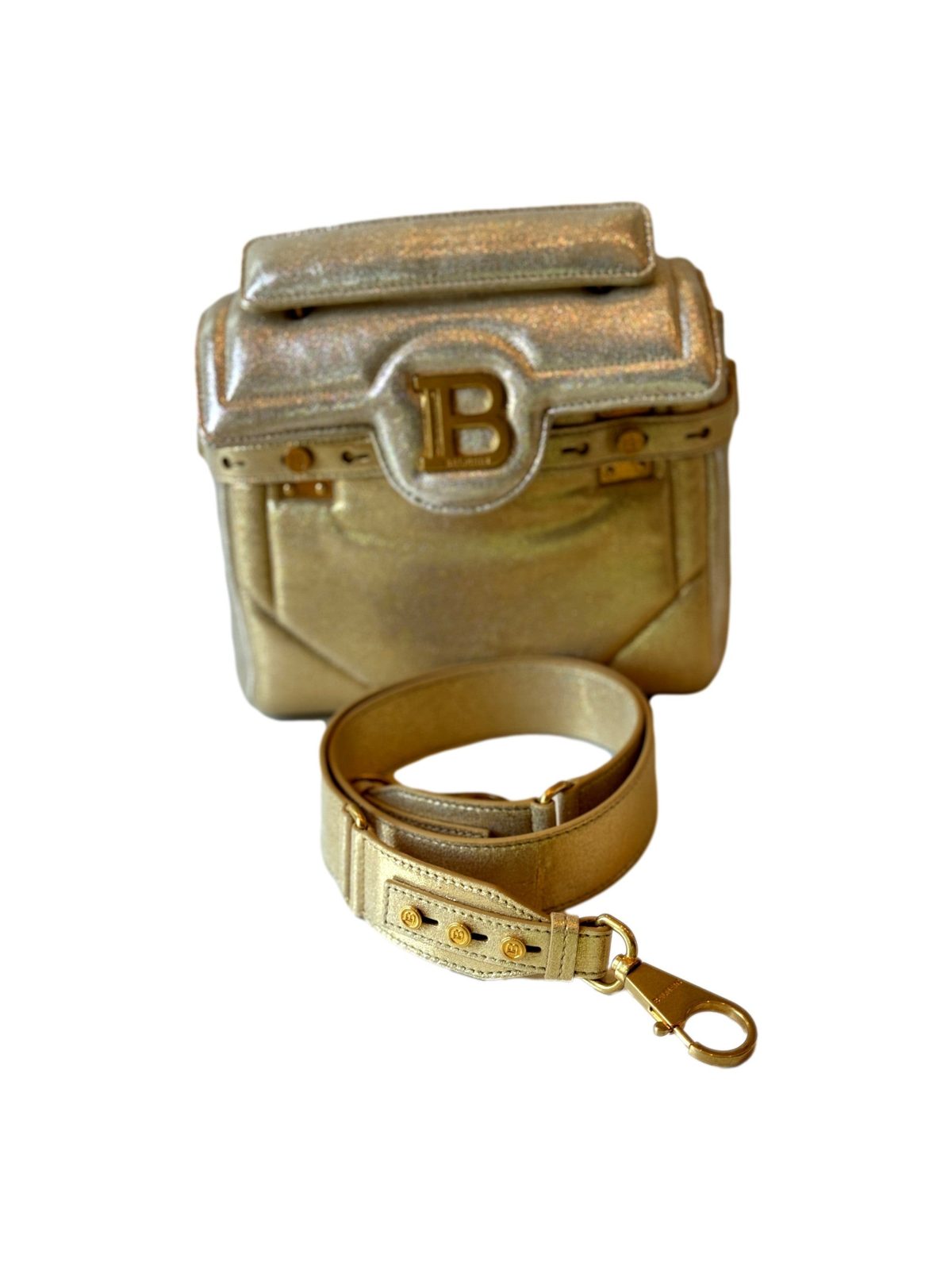Balmain B-Buzz 23 Metallic Gold Tote Crossbody Shoulder Bag Calf Leather