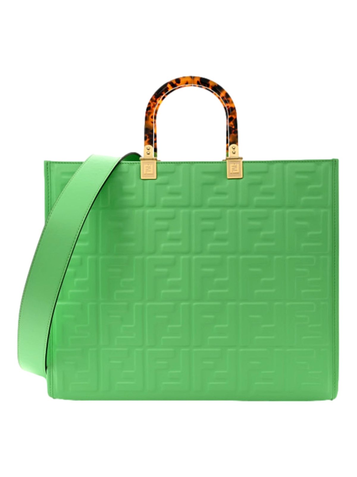 Fendi Sunshine Medium FF Embossed Leather Tote Edamame Green